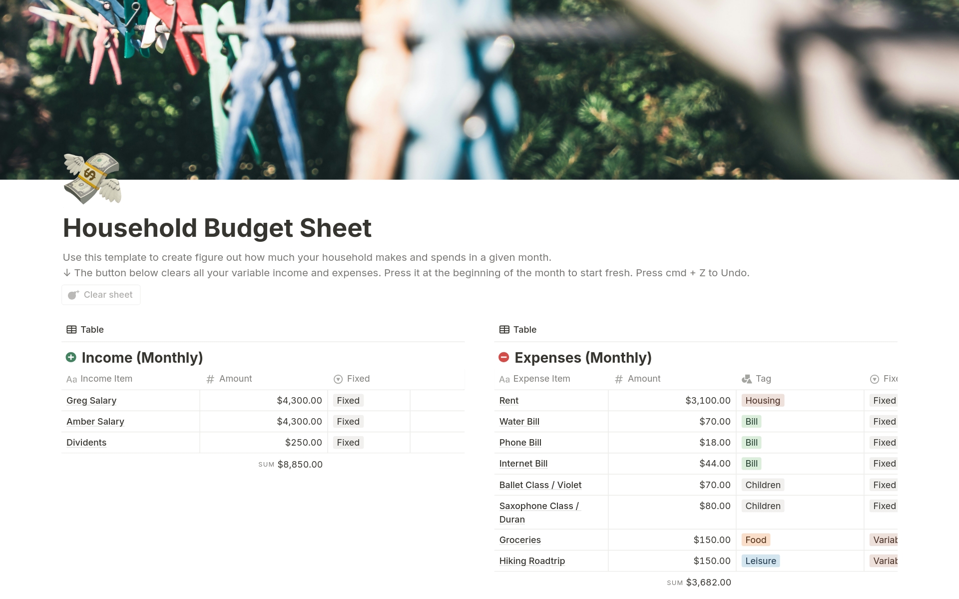 A template preview for Household Budget Sheet