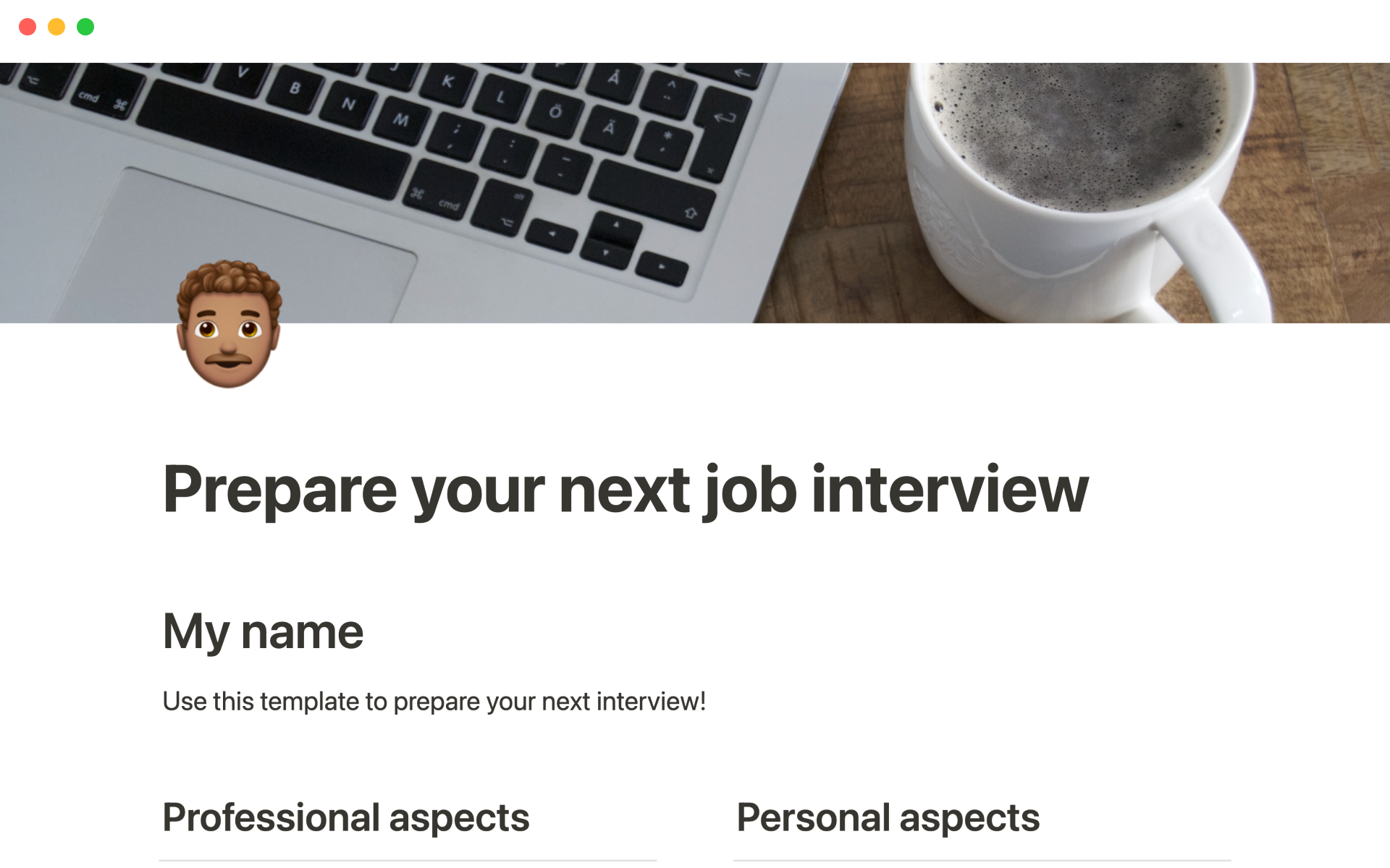 A template preview for Job interview prep