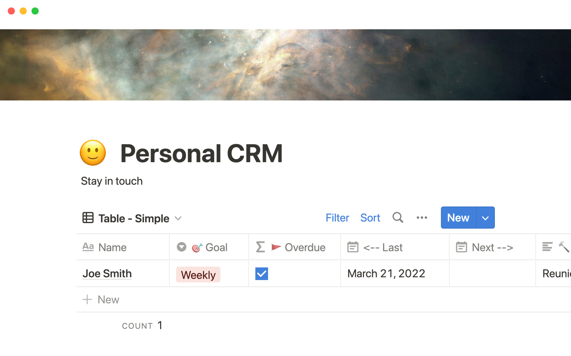 A template preview for Personal CRM