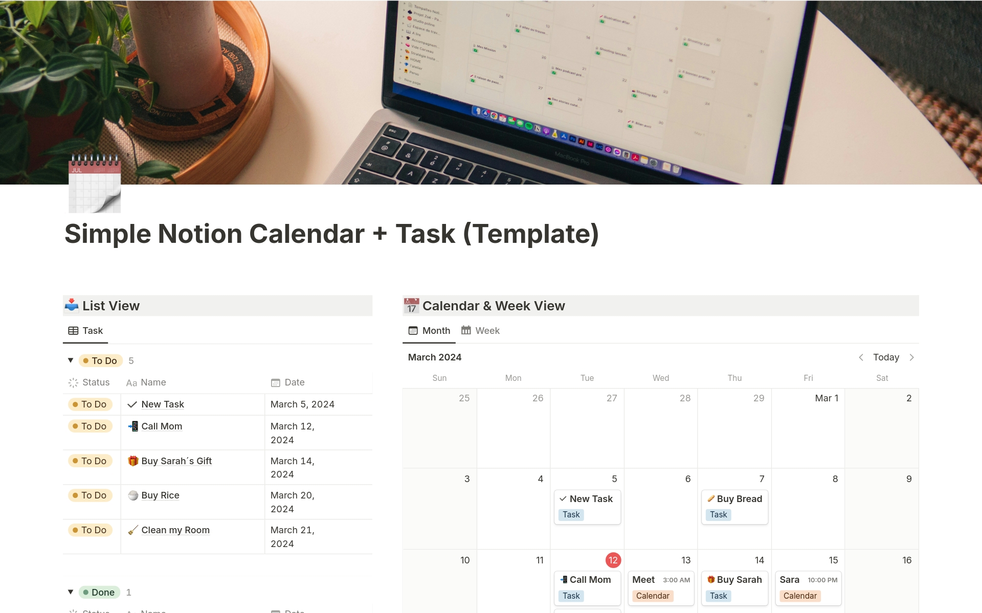 All-in-One Tasks and Calendar: Maximize your productivity with this Notion template. Manage your tasks, events, and deadlines in a visual and intuitive way. Enjoy customized views, integrated reminders, and a centralized control panel. Compatible with Notion Calendar