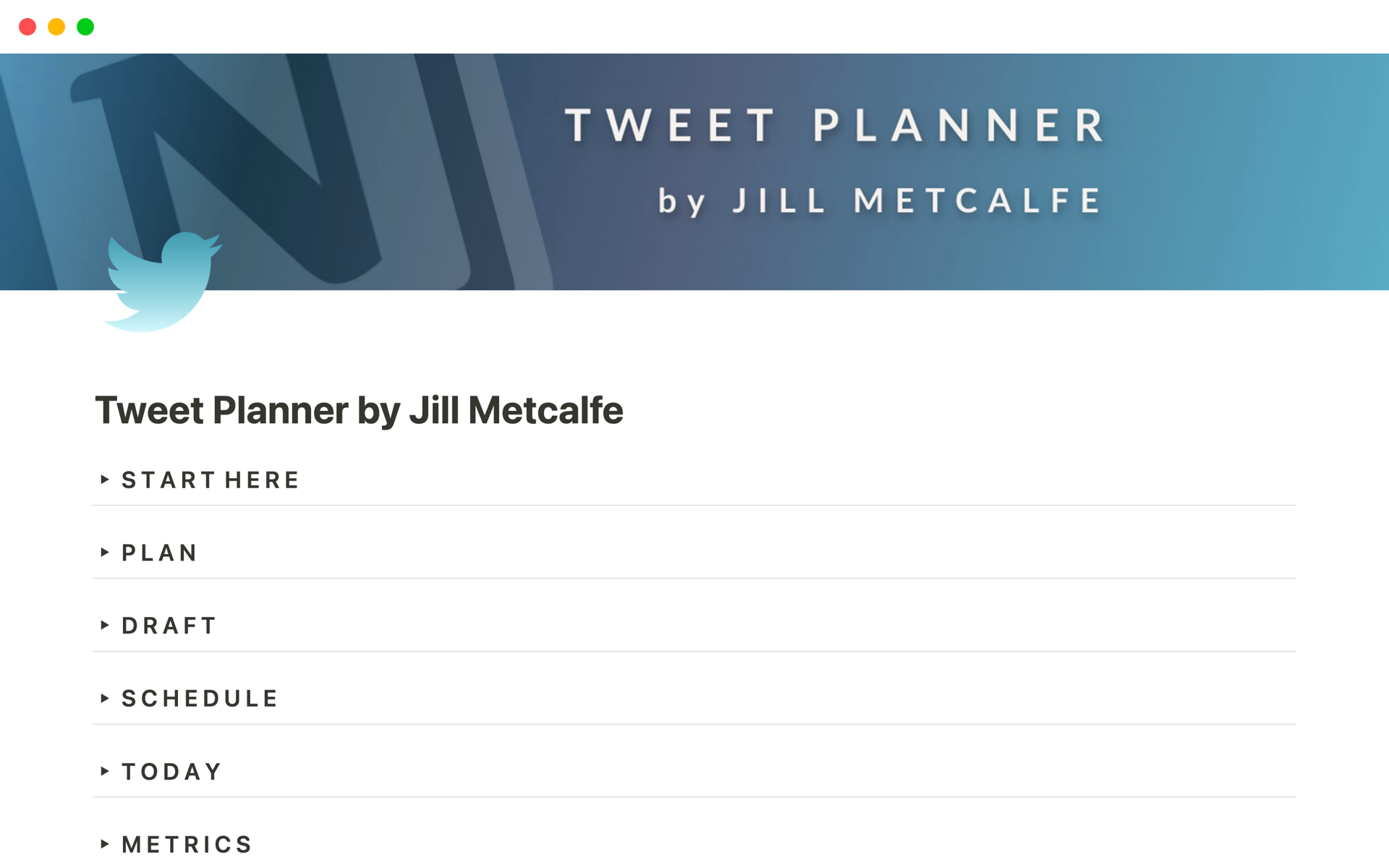 A template preview for Tweet Planner by Jill Metcalfe