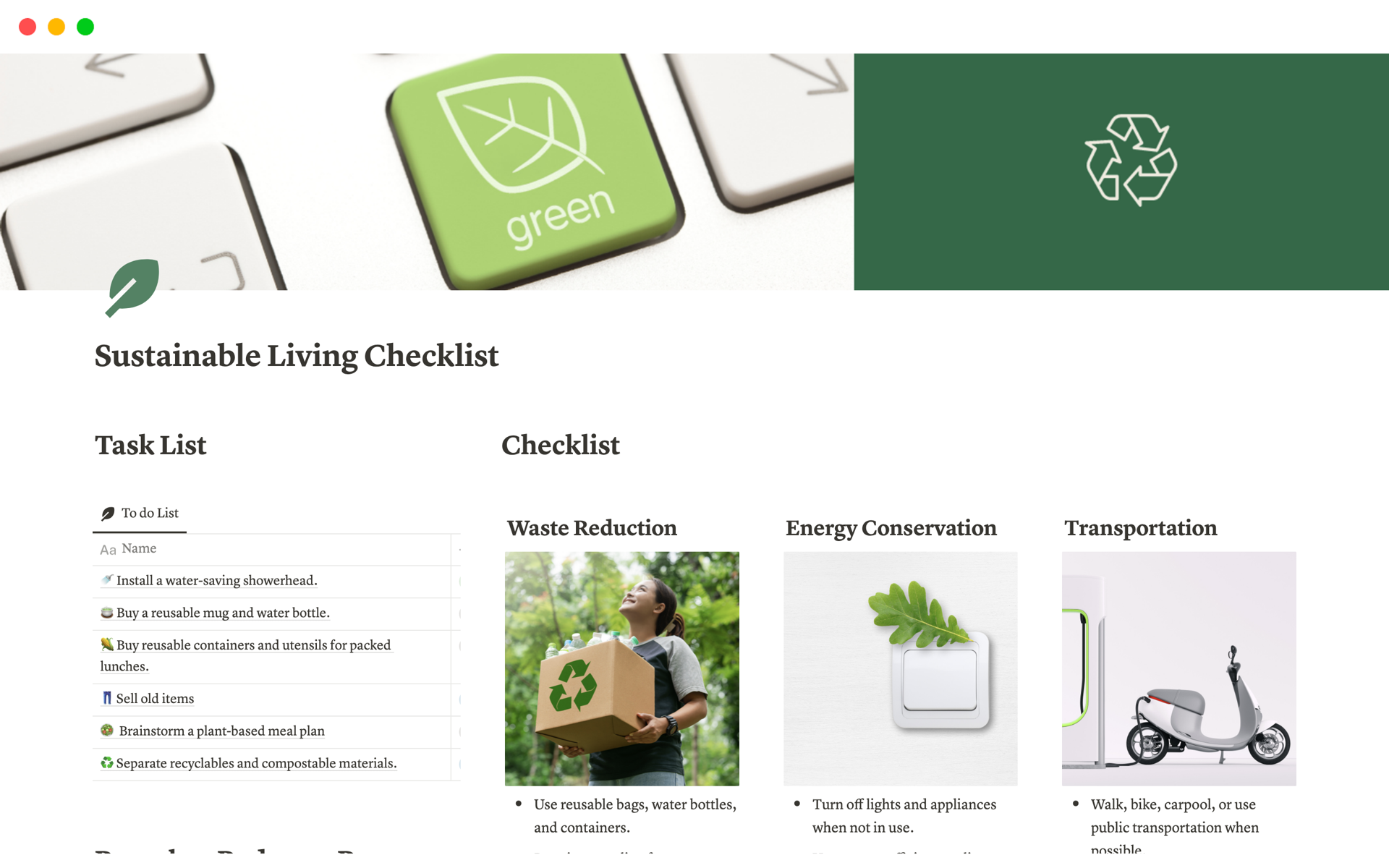 Features: Task List for Energy-Saving Chores and DIY Projects | Recycle + Reduce + Reuse Database | Eco-Friendly Goals Checklist

