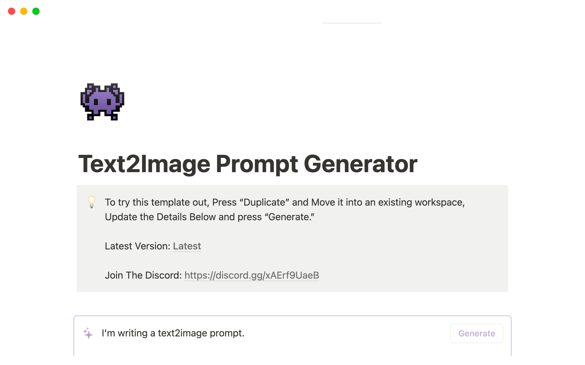 A template preview for Text2Image Prompt Generator