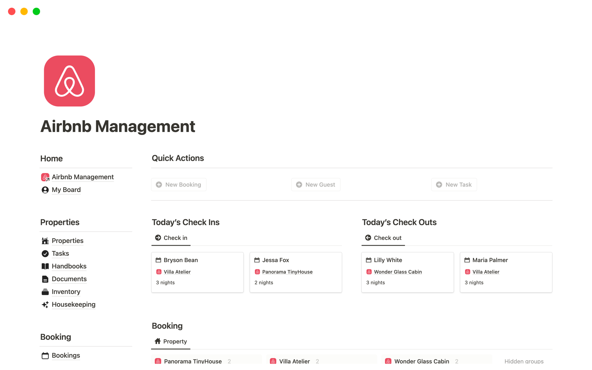A template preview for Airbnb Management