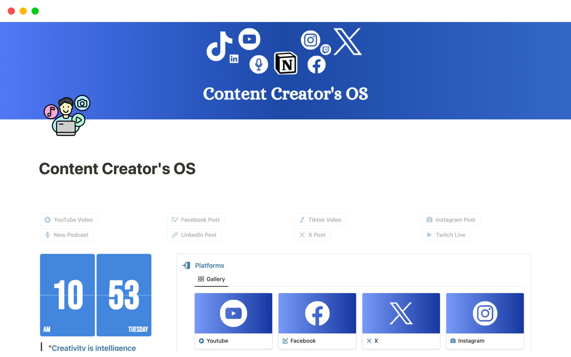 Vista previa de una plantilla para Content Creator's OS