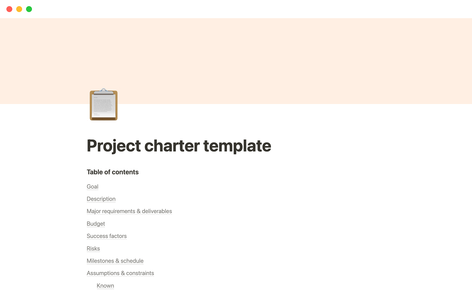 Vista previa de una plantilla para Project charter template