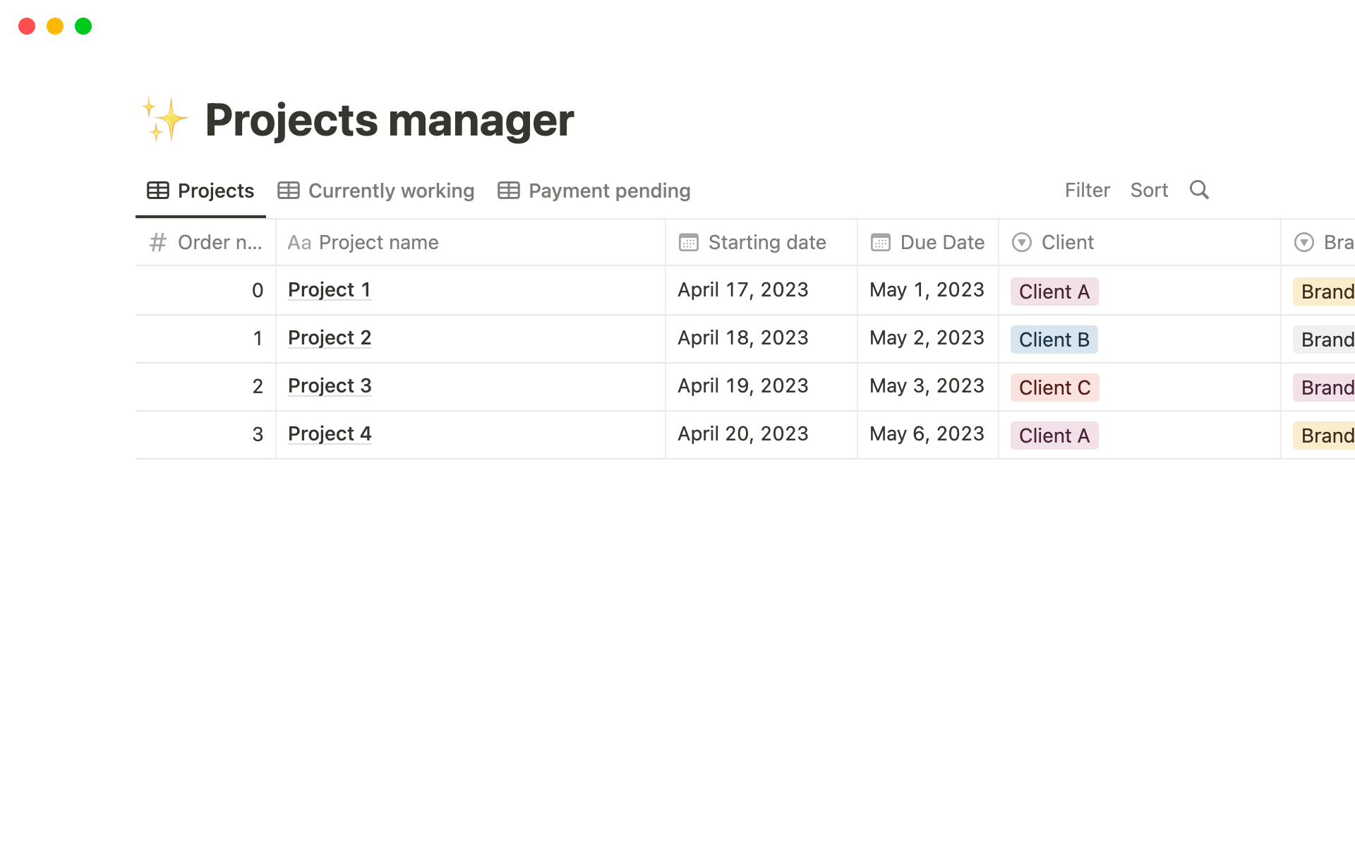 A template preview for Projects manager