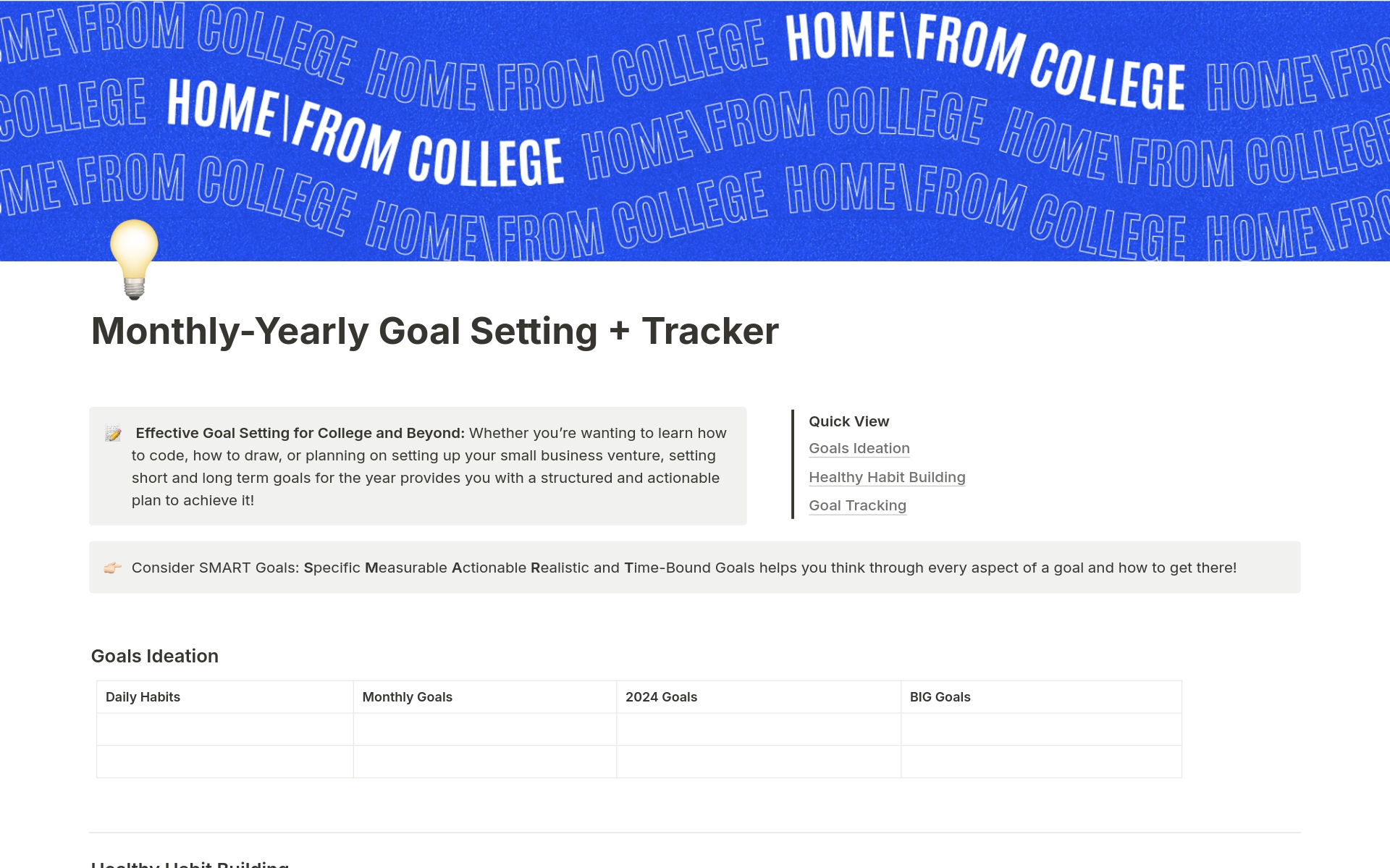 Eine Vorlagenvorschau für Goal Setting + Tracker