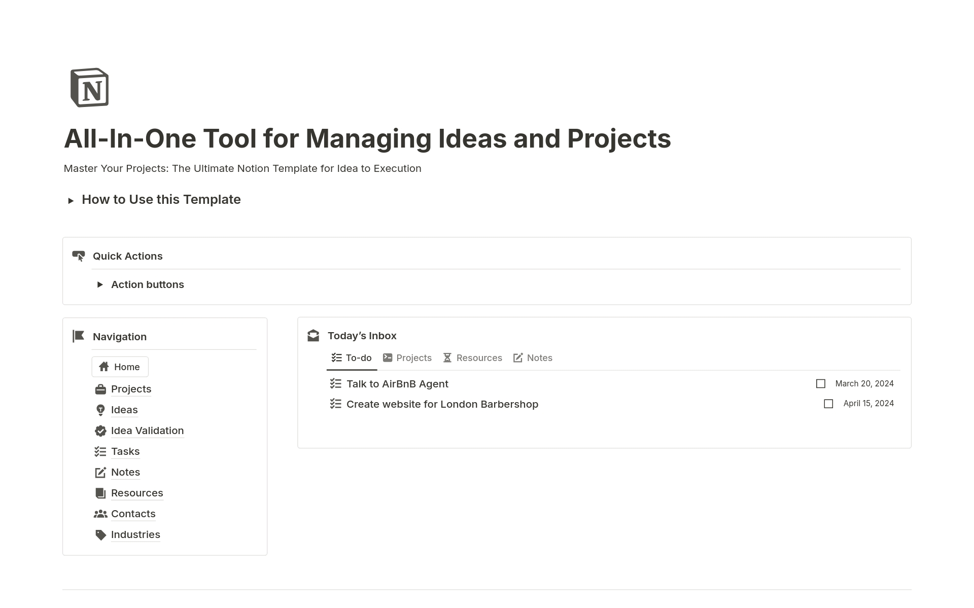 A template preview for All-In-One Tool for Managing Ideas and Projects