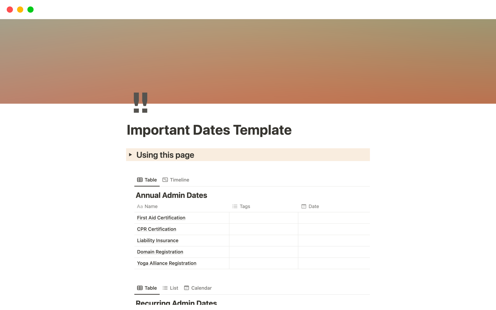 A template preview for Important Dates