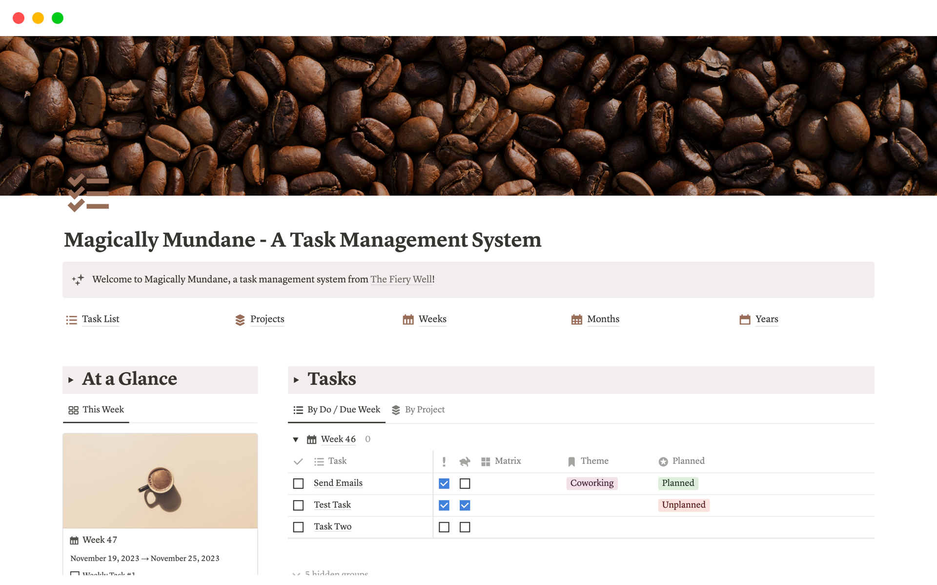 A template preview for Magically Mundane - A Task Management System