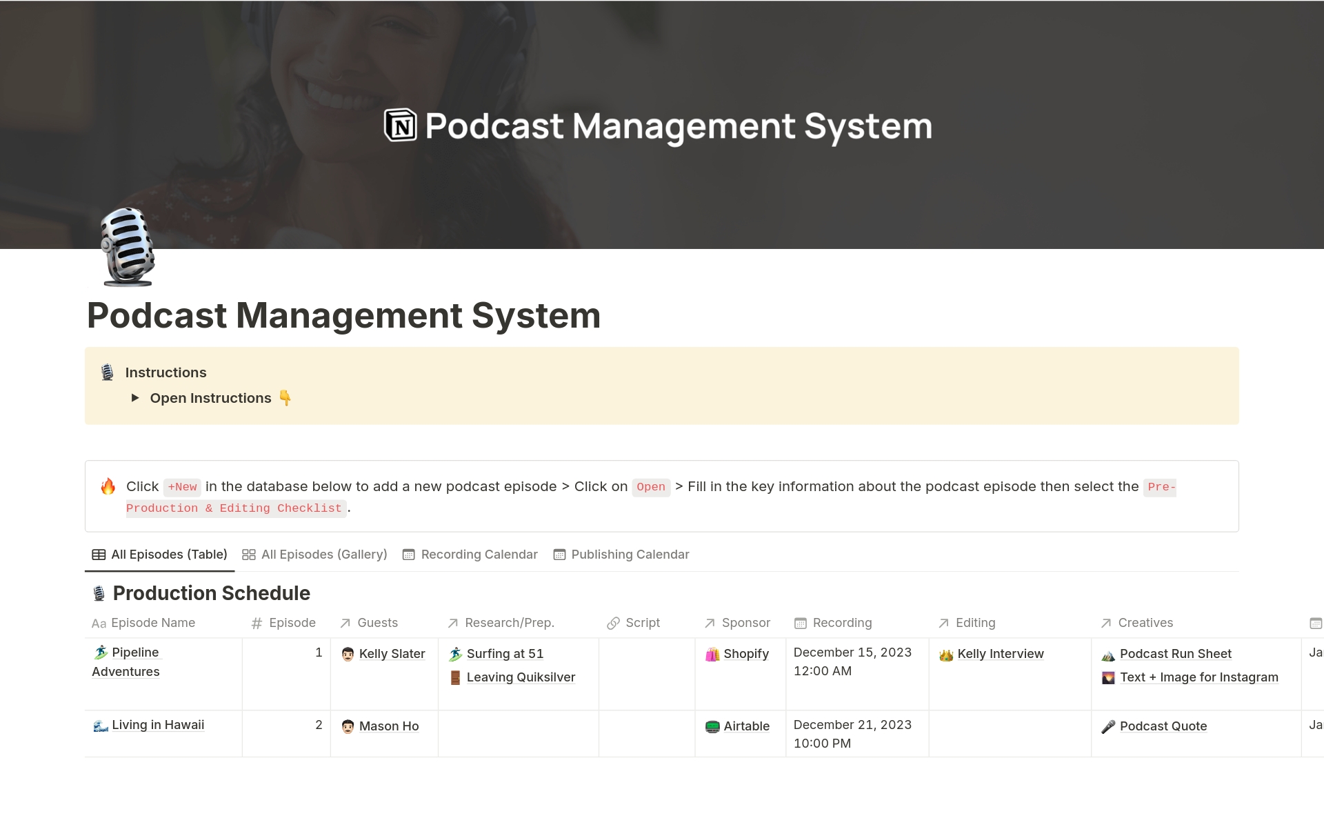 A template preview for Podcast Management System