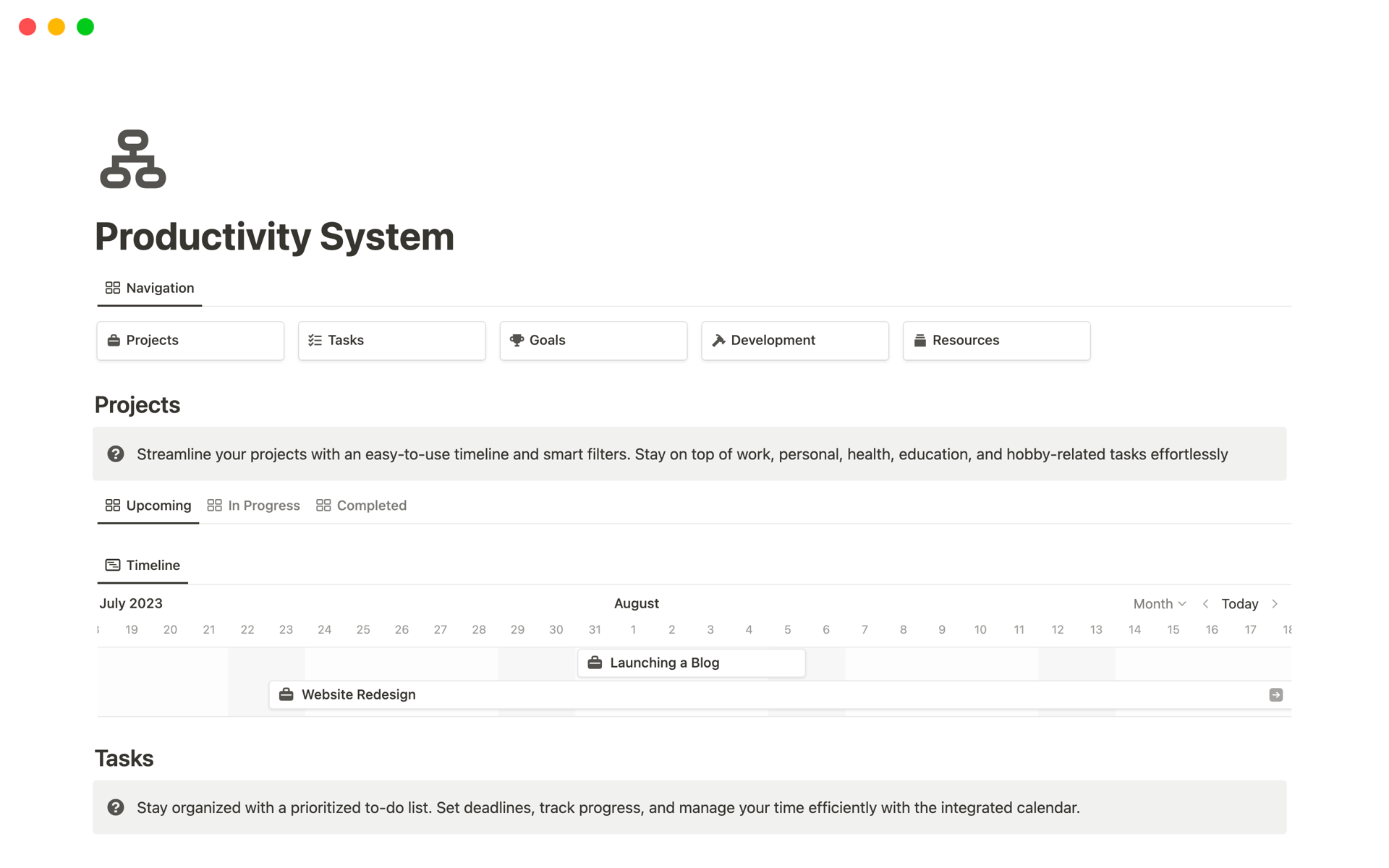 En förhandsgranskning av mallen för Productivity System