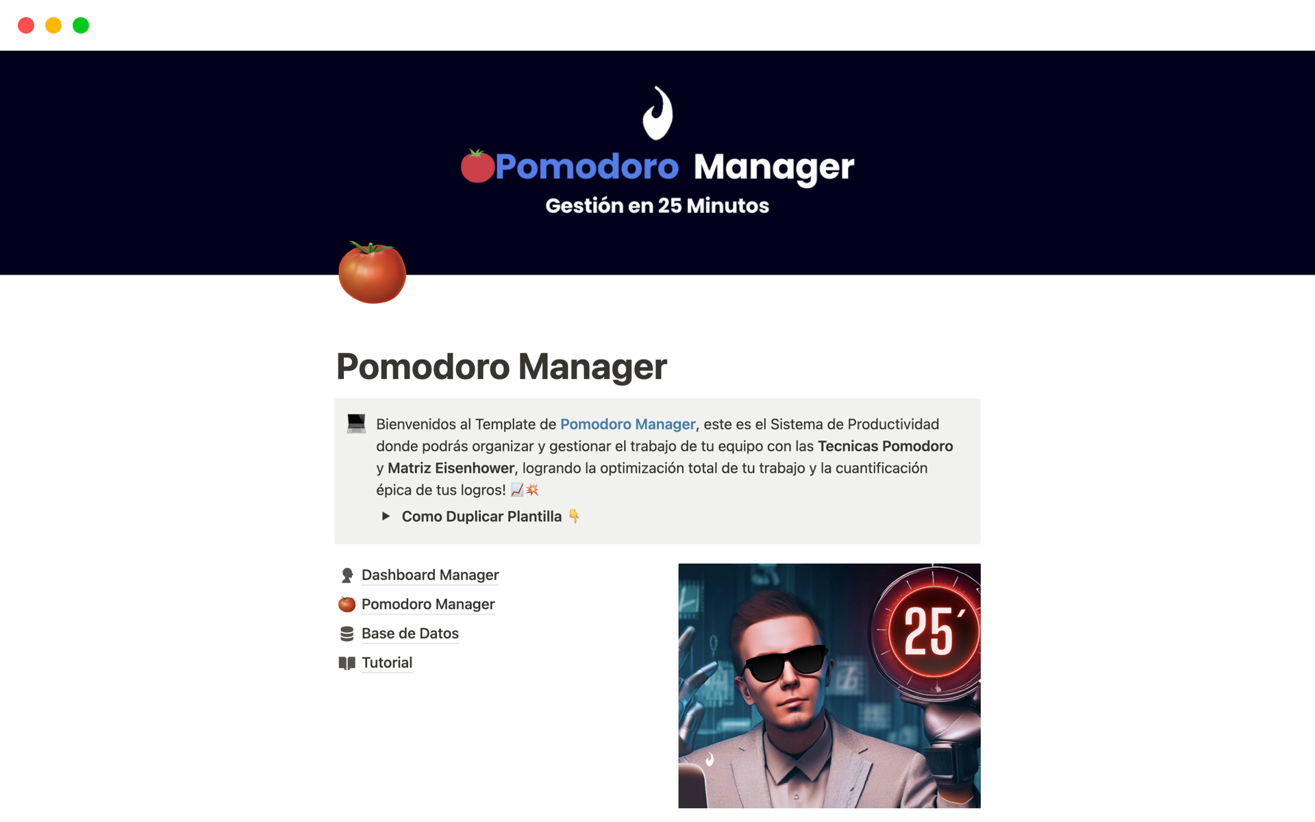 En forhåndsvisning av mal for Pomodoro Manager