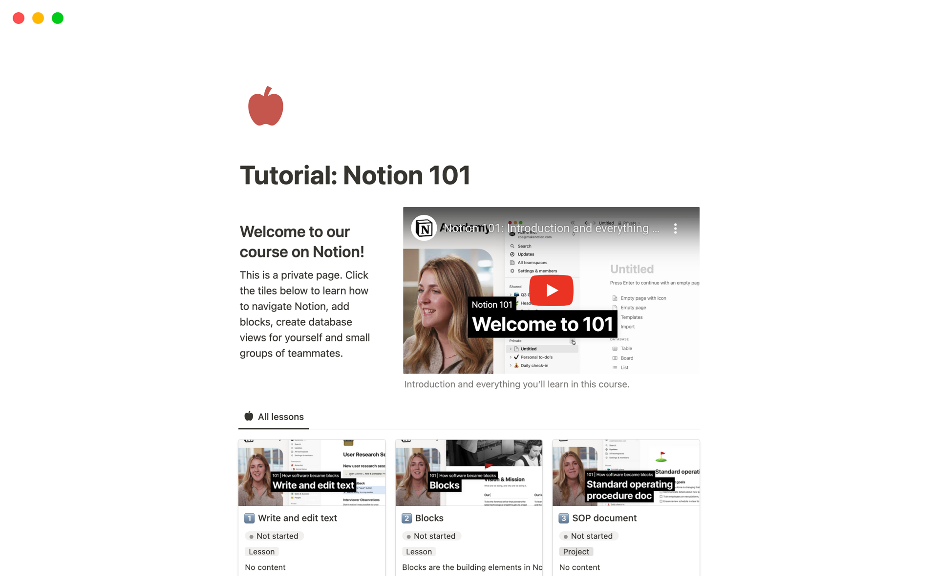 A template preview for Tutorial: Notion 101