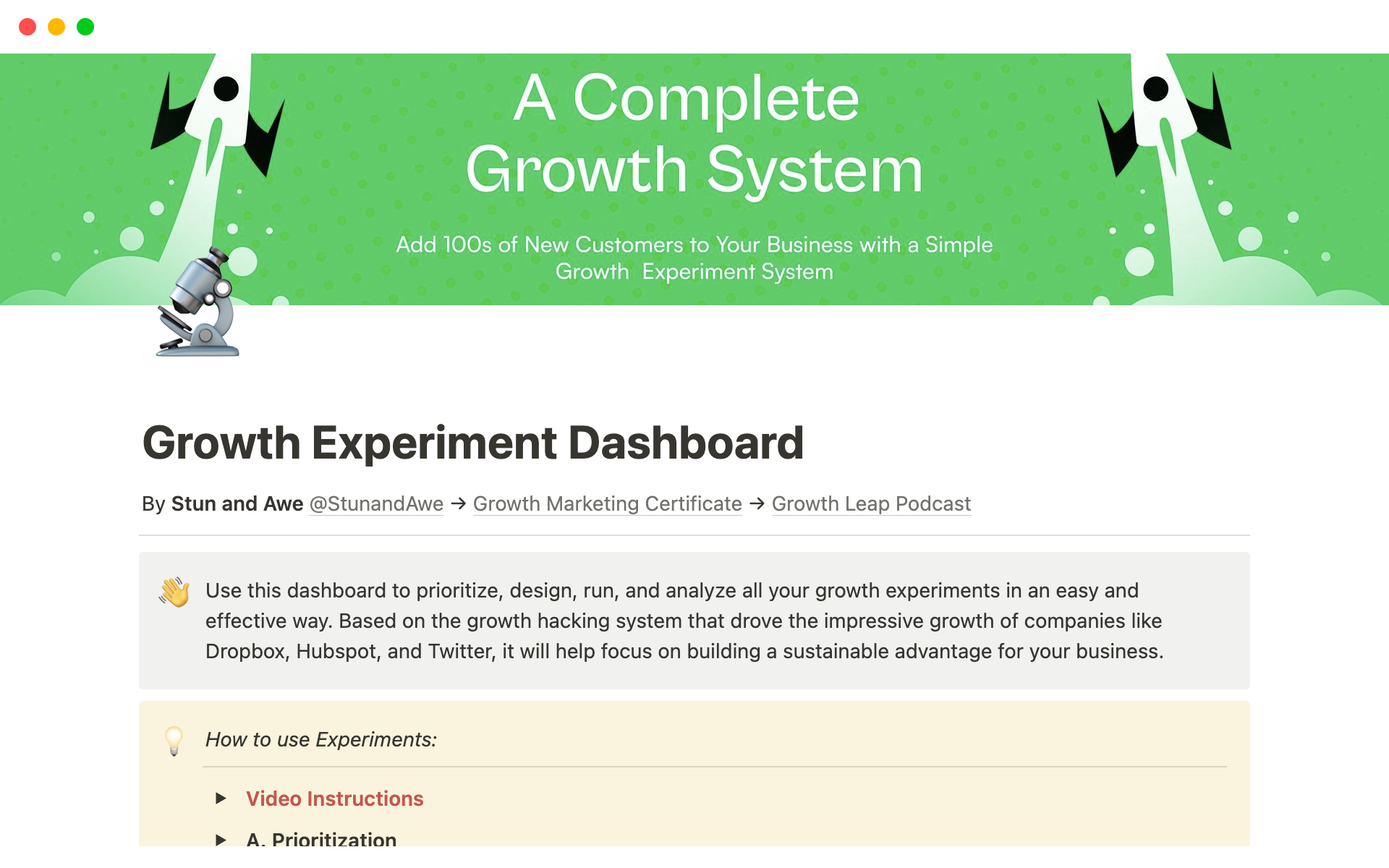 A template preview for Notion Growth Experiment Dashboard