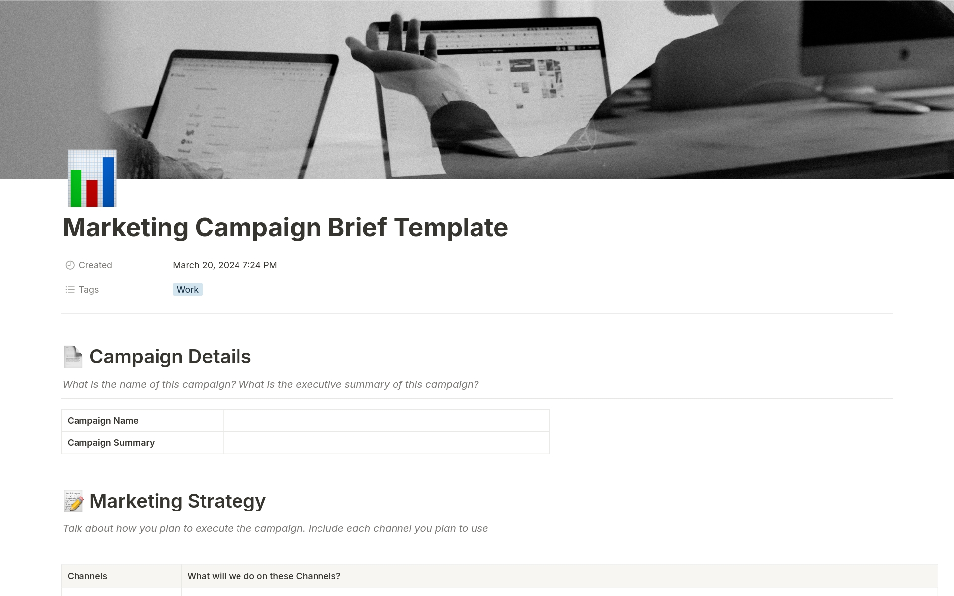 Streamline campaign planning with our Marketing Brief Template. Define strategy, roles, objectives, audience, message, deliverables, budget, and timelines effortlessly.