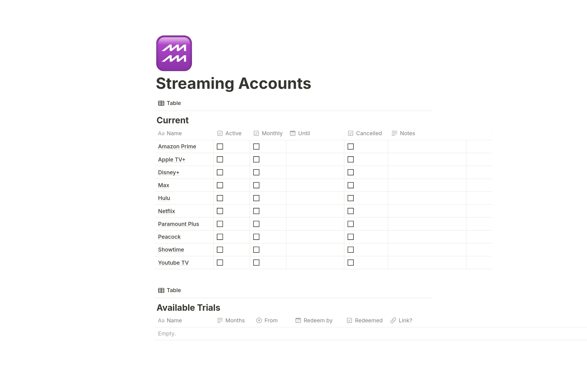 Streaming Accounts Notion Template