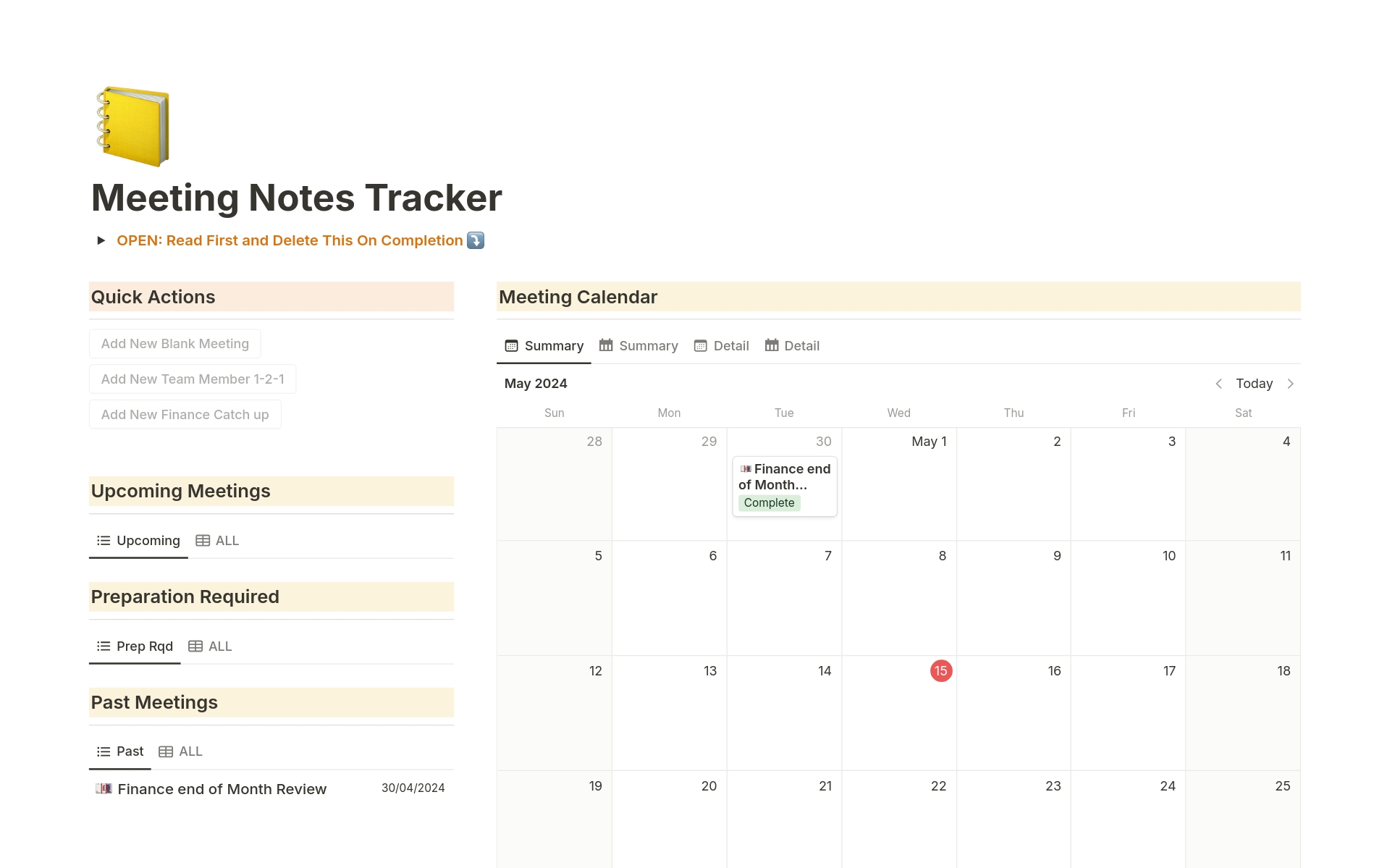 En förhandsgranskning av mallen för Meeting Notes Tracker
