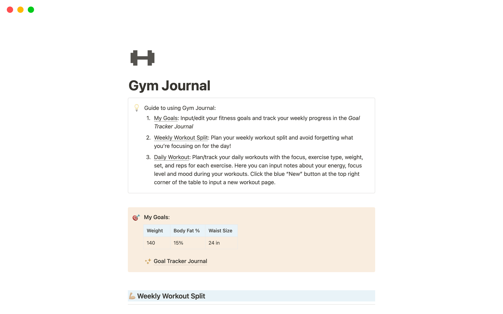 A template preview for Gym Journal (Mobile-Friendly)