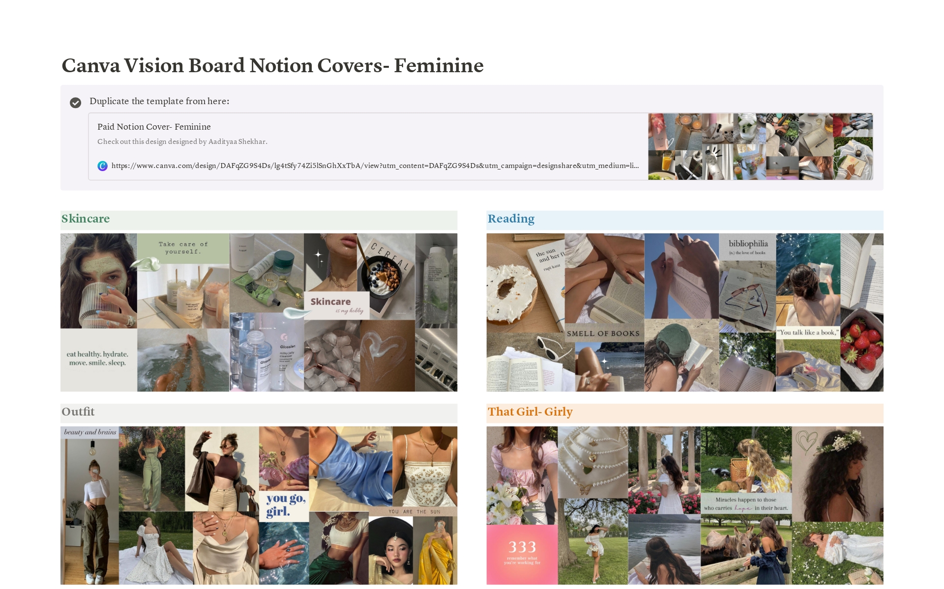 Eine Vorlagenvorschau für Canva Vision Board Notion Covers- Feminine 