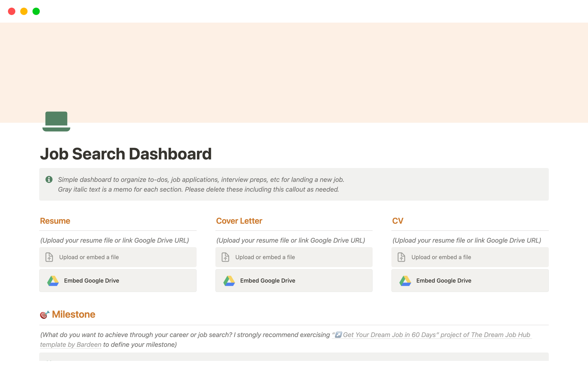 A template preview for Job Search Dashboard