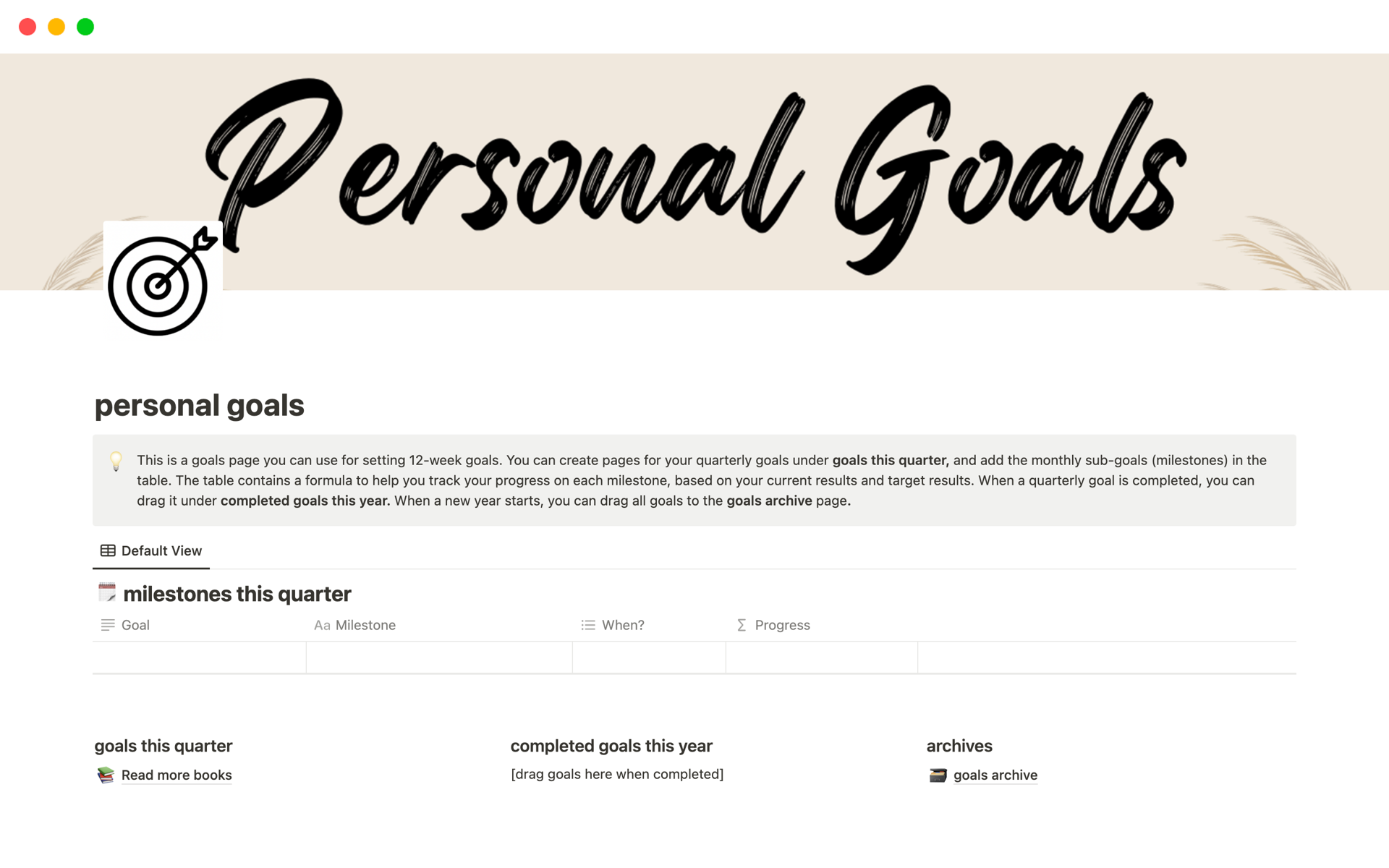 A template preview for Personal goals Planner