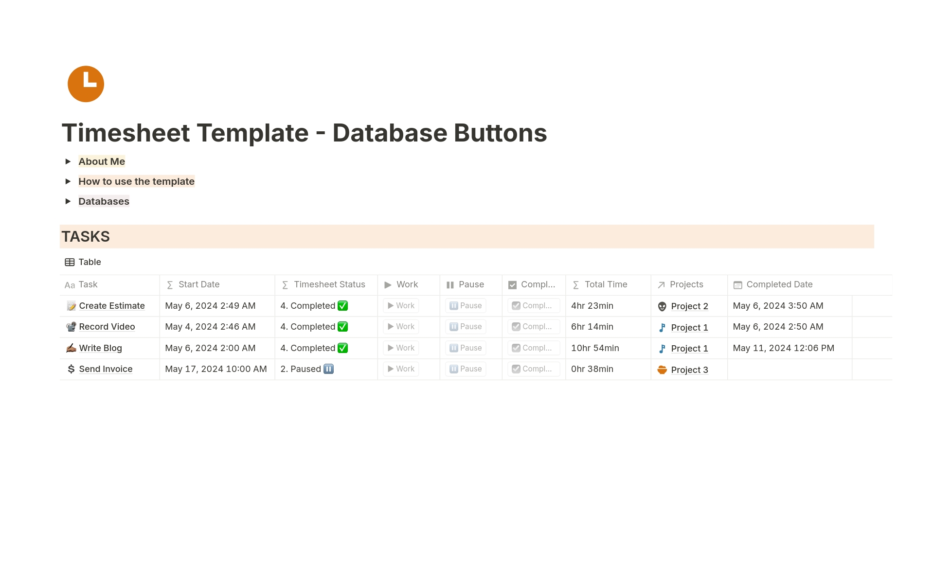 A template preview for Time-Tracker using Database Buttons