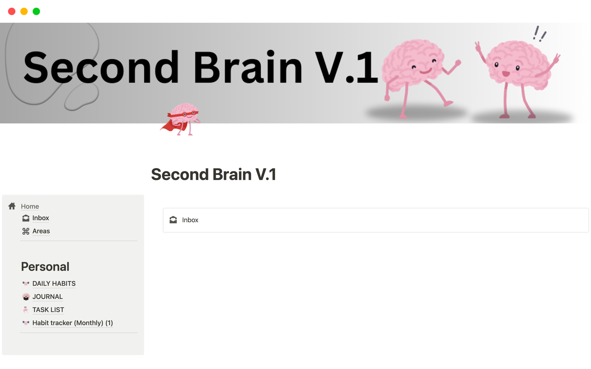 A template preview for Second Brain V.1