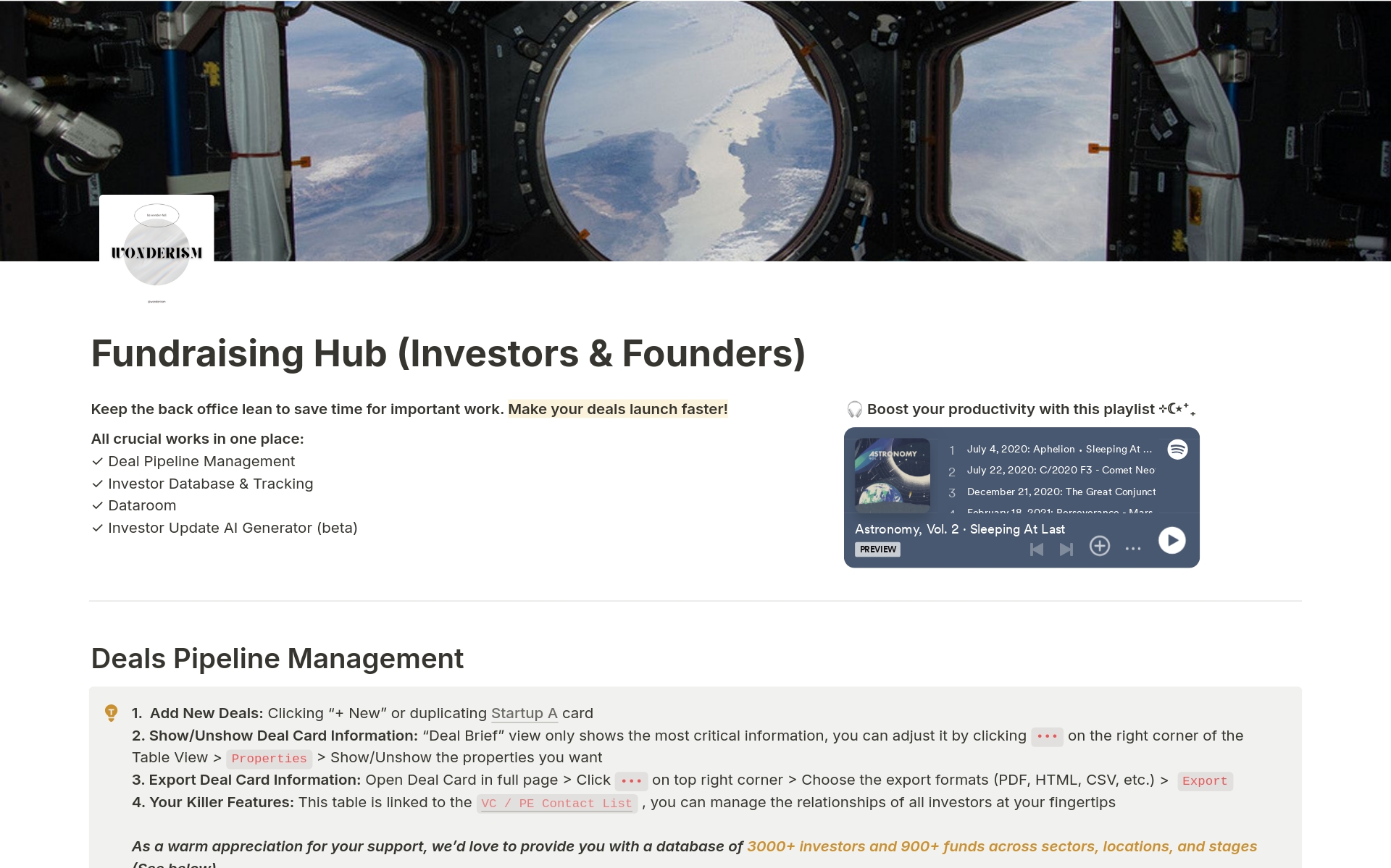 Aperçu du modèle de Fundraising Tracking (Investors & Founders)