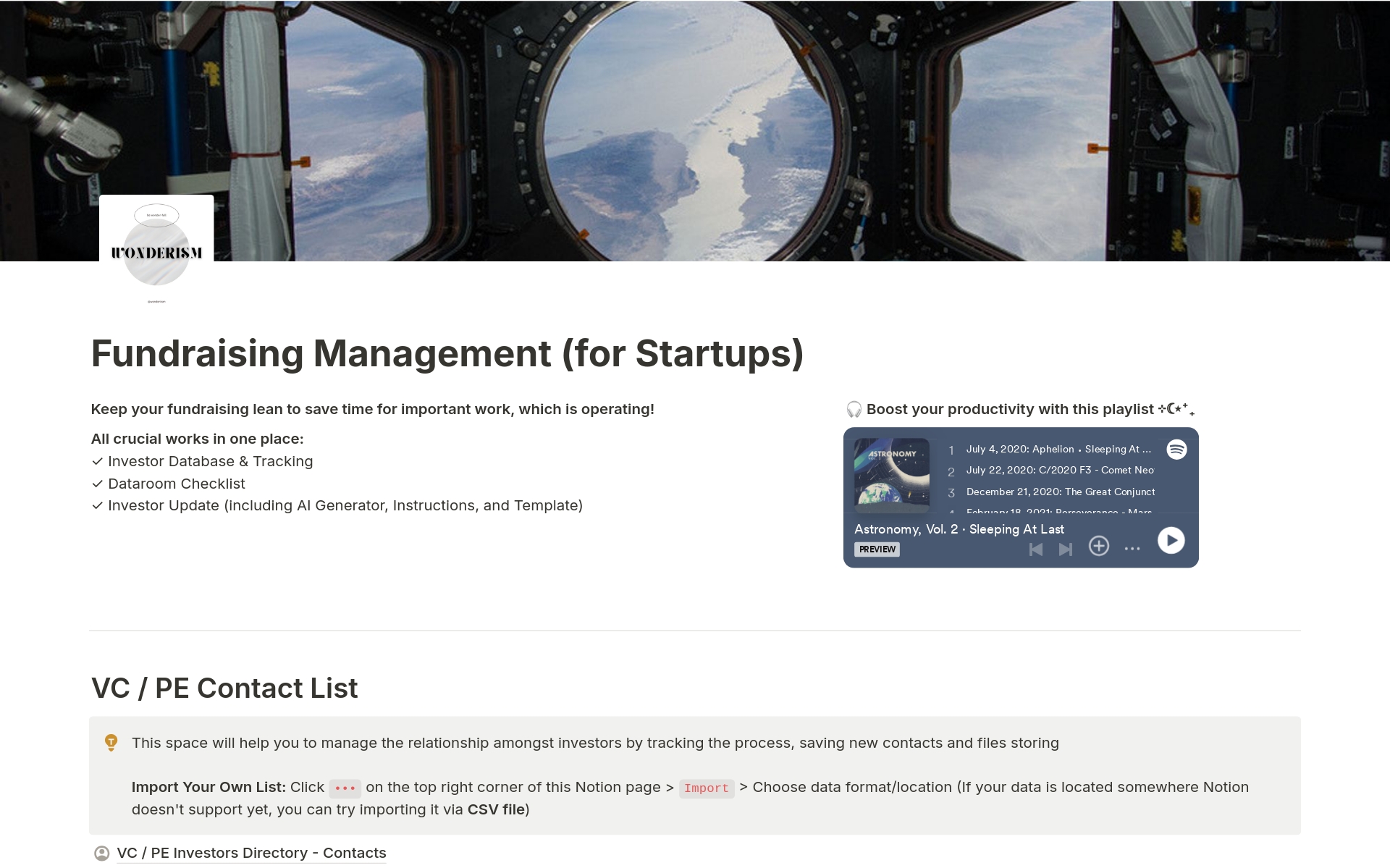 A template preview for Fundraising Management (for Startups)