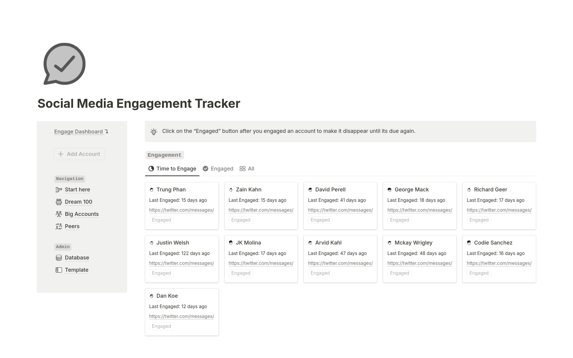 A template preview for Social Engagement Tracker 