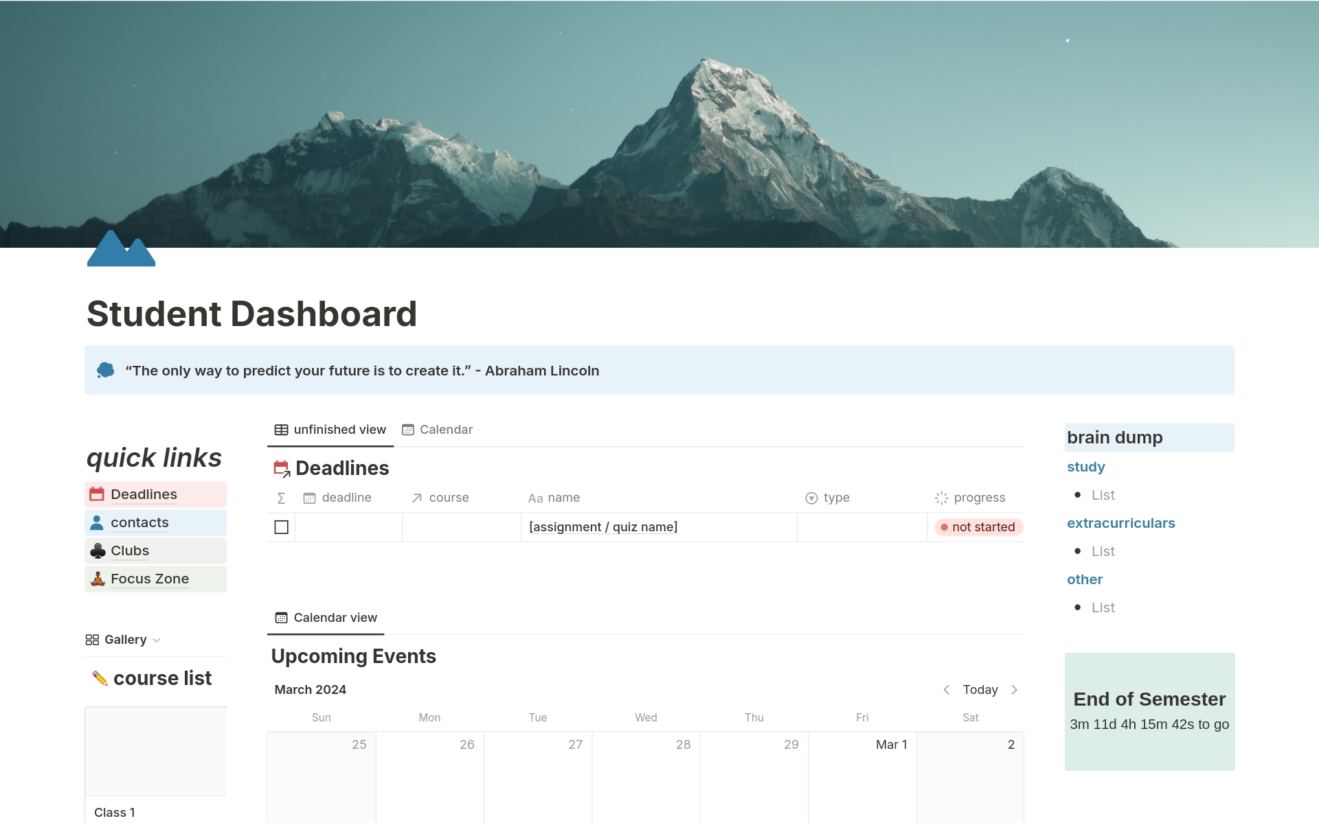 A template preview for uNotion's Student Dashboard