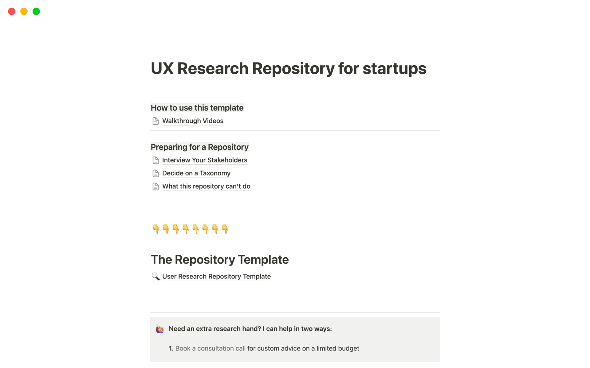 A template preview for UX Research Repository for Startups