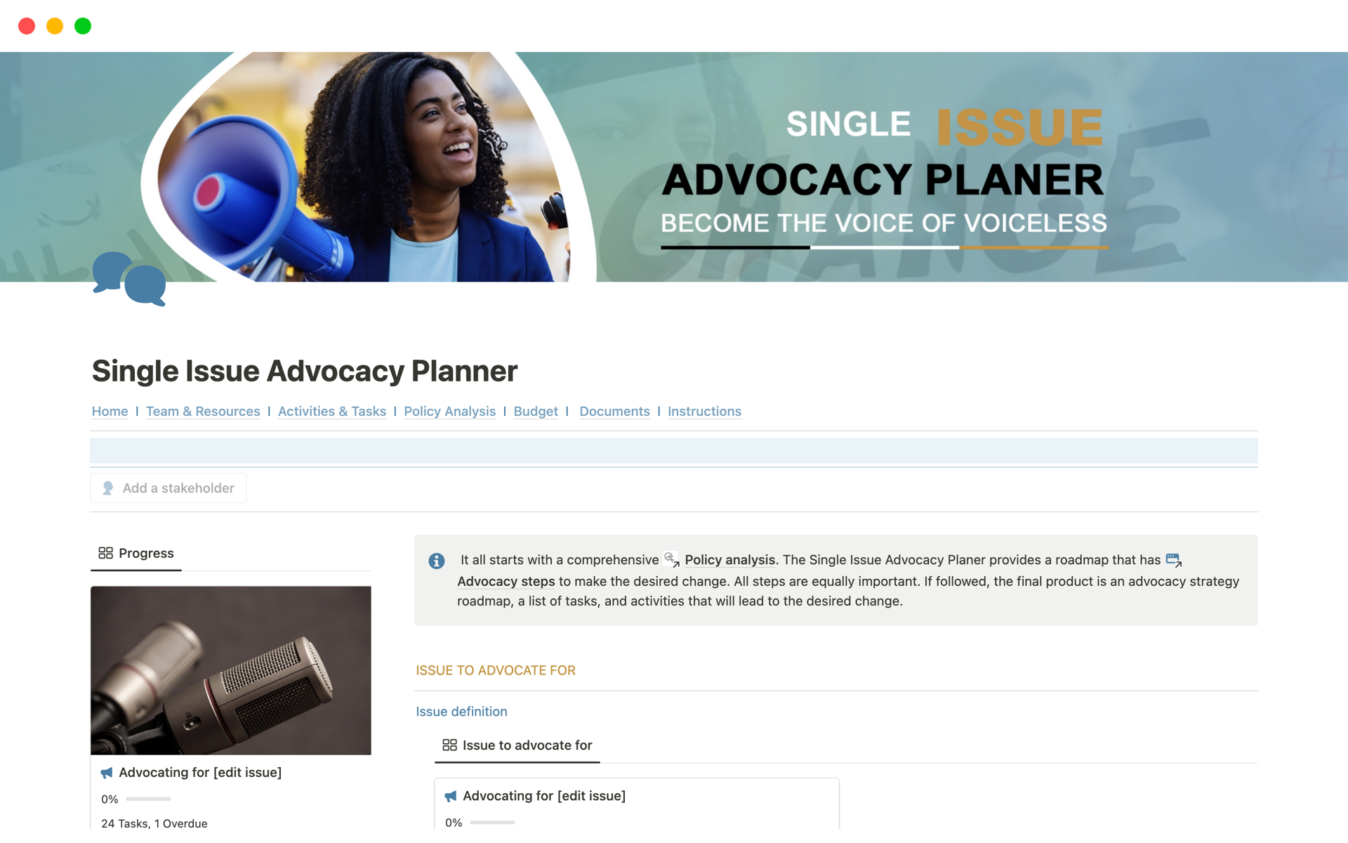 A template preview for Single Issue Advocacy Planner