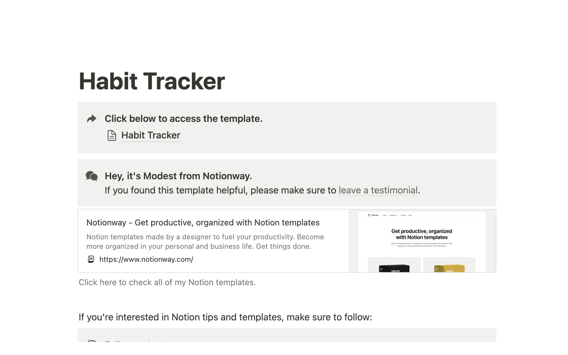 Uma prévia do modelo para Notion Habit Tracker
