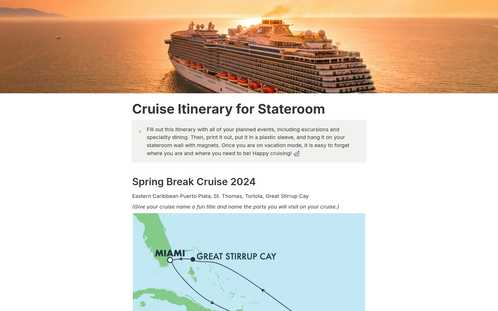 A template preview for Cruise Itinerary for Stateroom