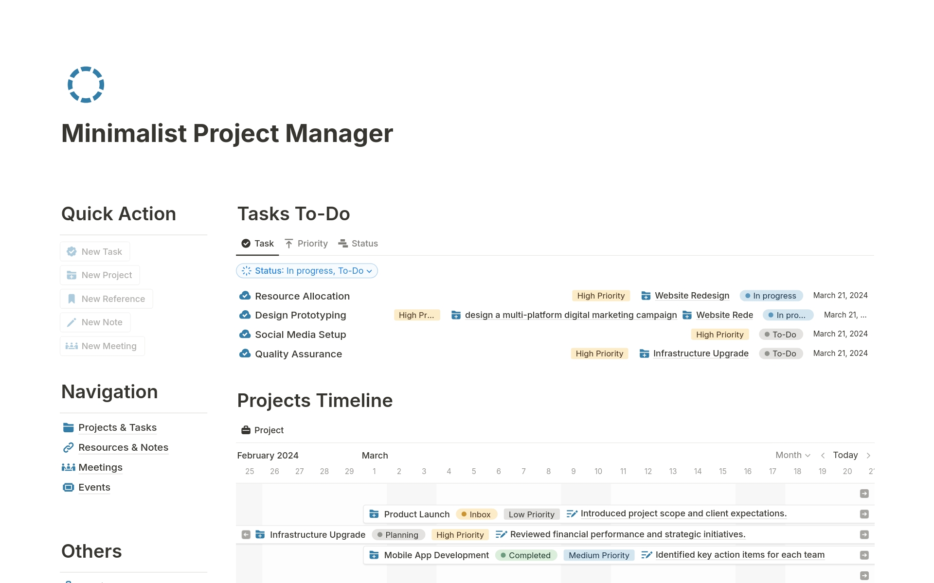 Eine Vorlagenvorschau für Minimalist Project Manager
