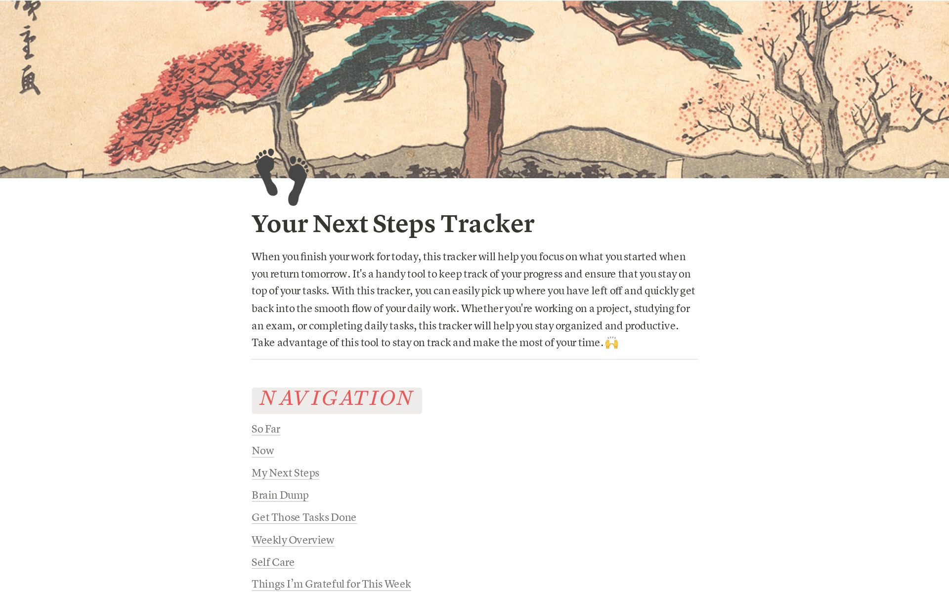 Eine Vorlagenvorschau für Your Next Steps Tracker