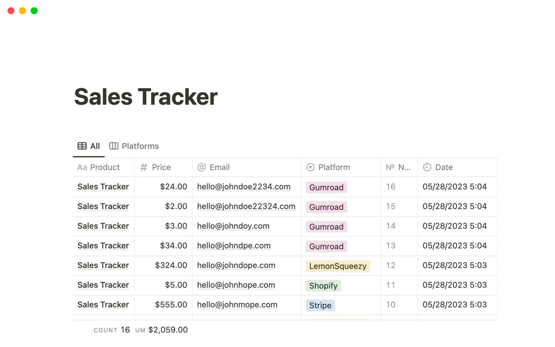 Aperçu du modèle de Sales Tracker