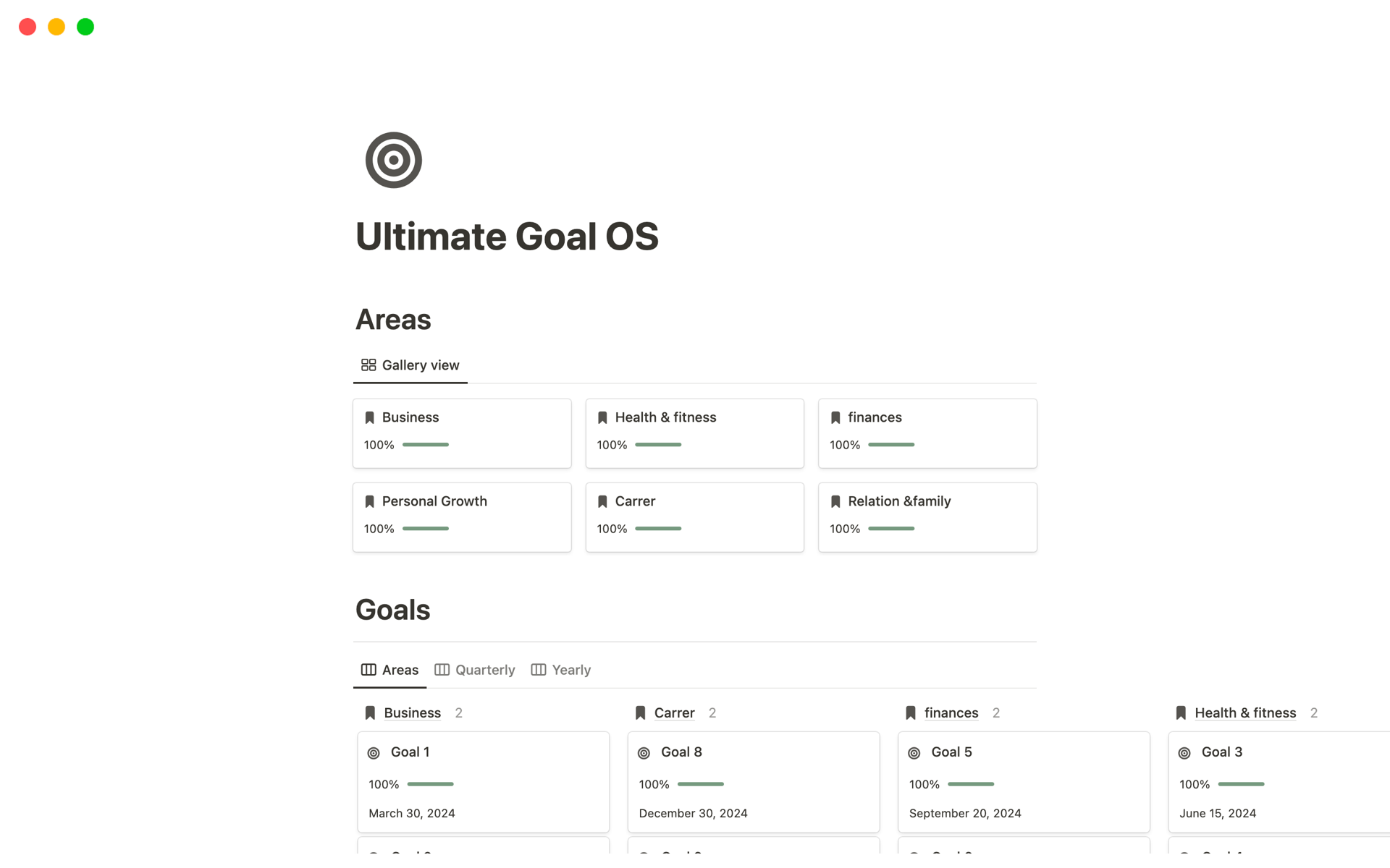 A template preview for Ultimate Goal OS