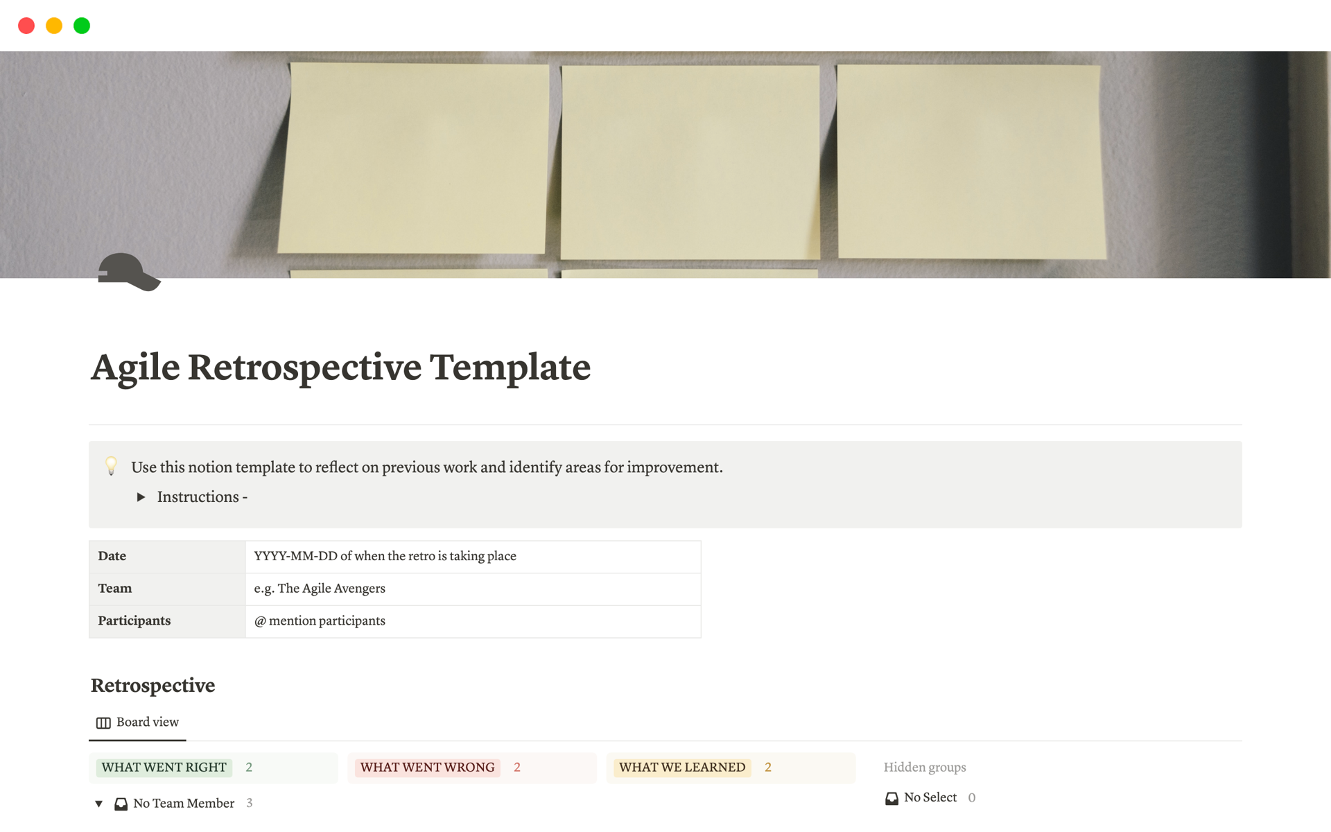 Agile Retrospective Templateのテンプレートのプレビュー