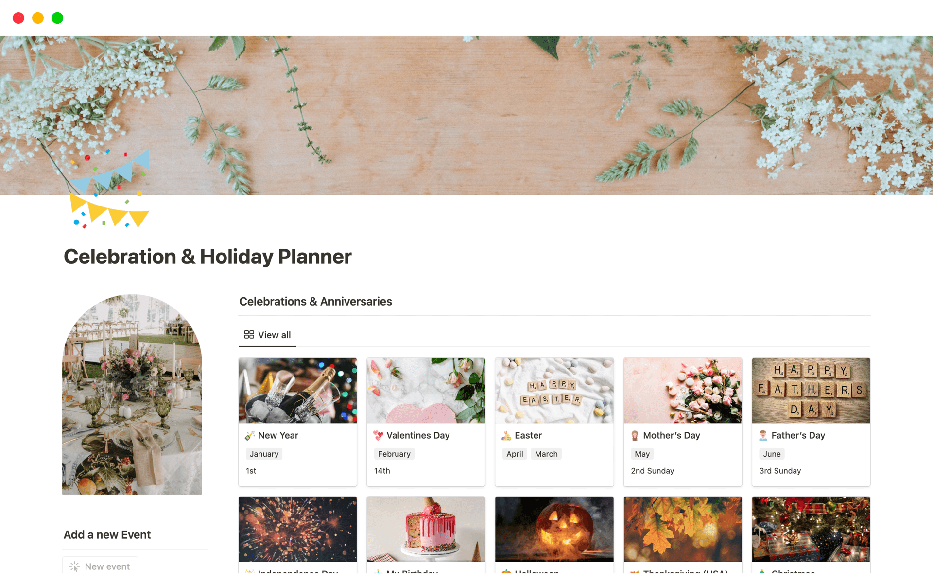 A template preview for Celebration & Holiday Planner