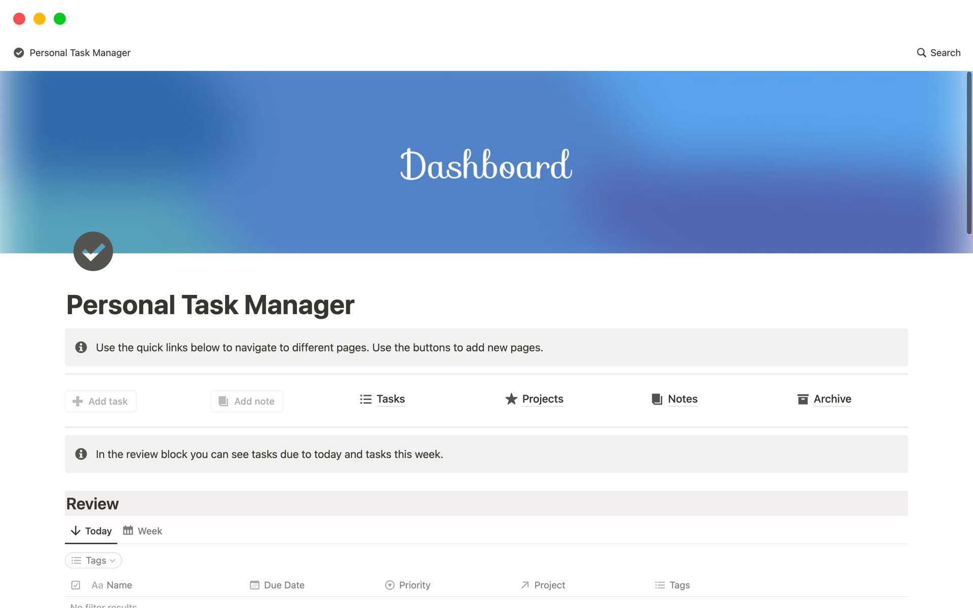 Vista previa de plantilla para Personal Task Manager