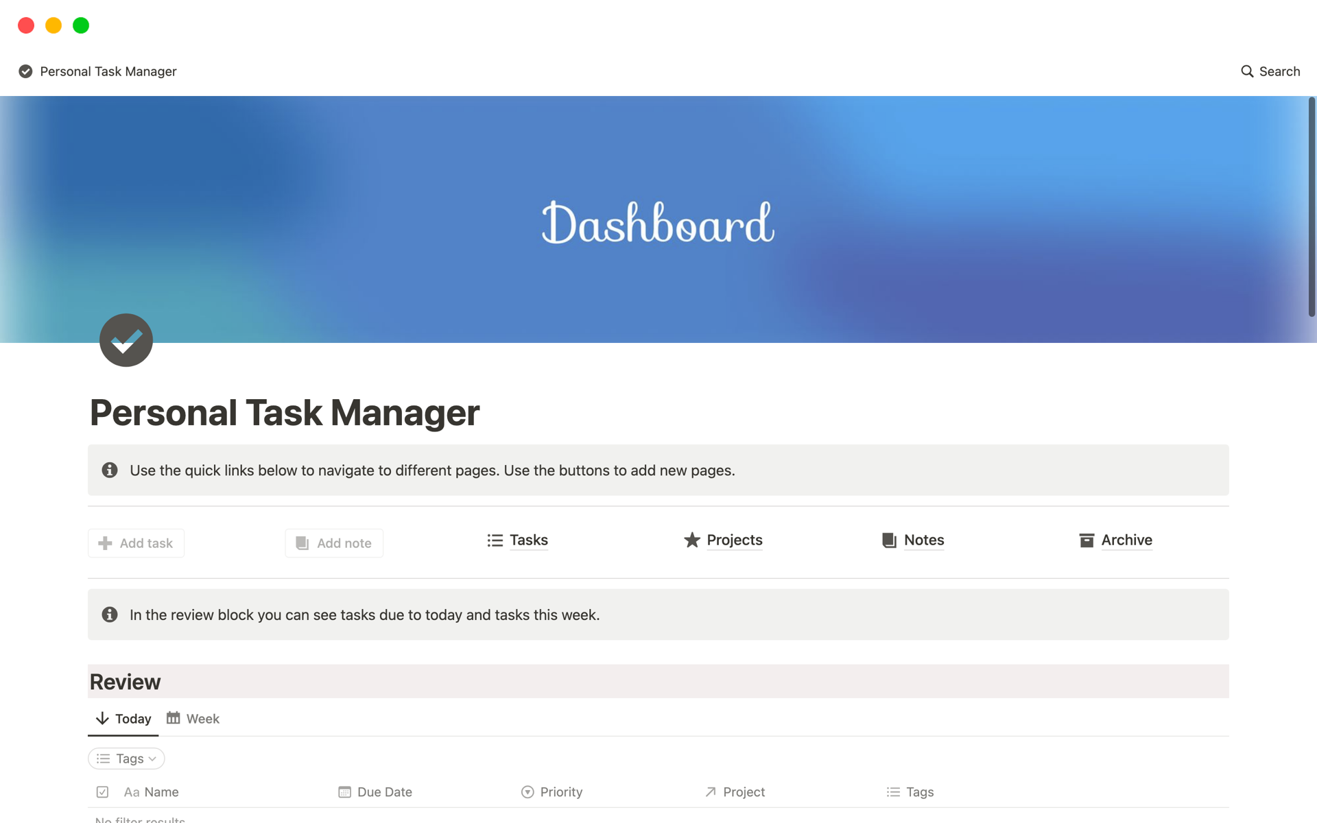 Aperçu du modèle de Personal Task Manager