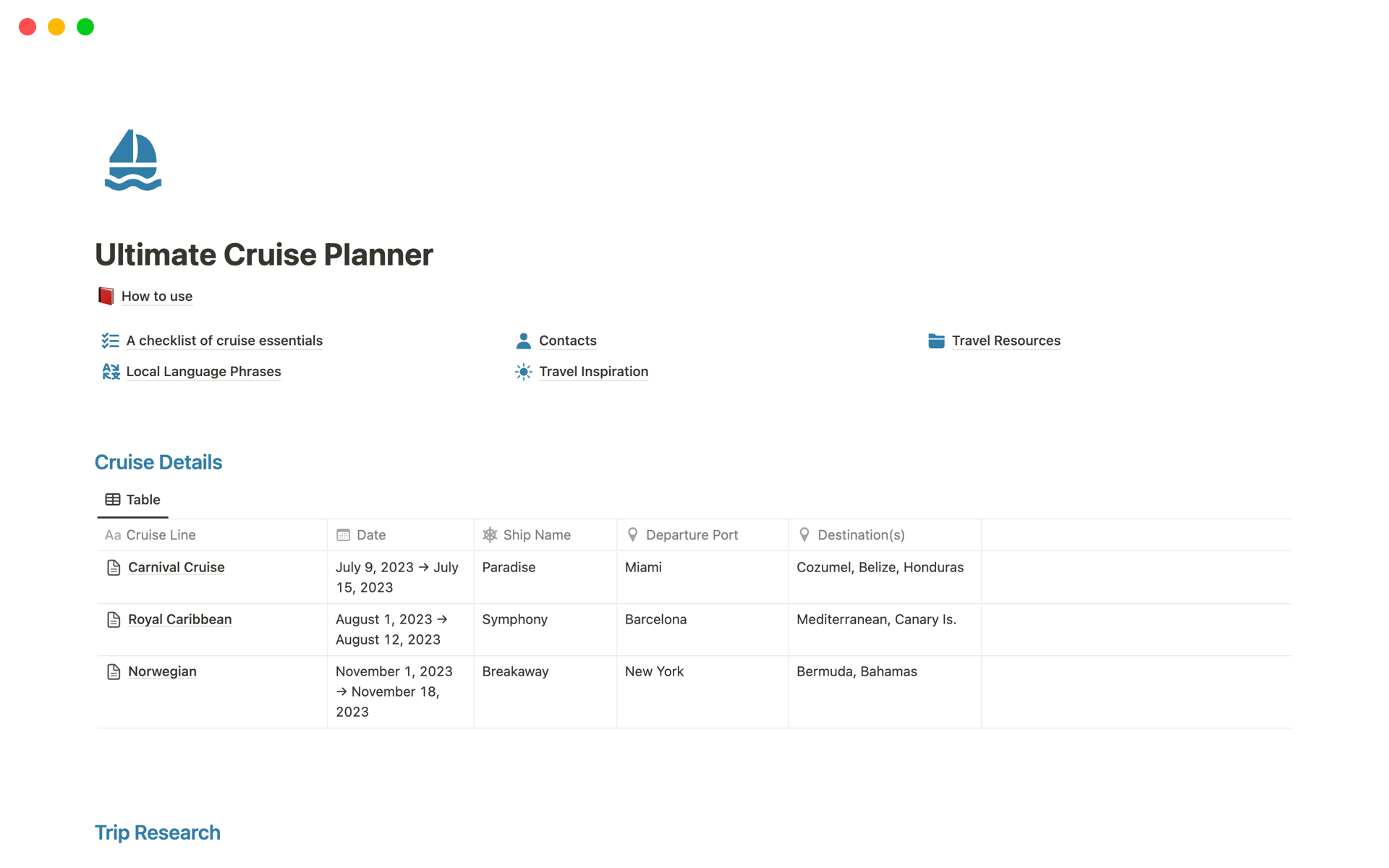 A template preview for Ultimate Cruise Planner