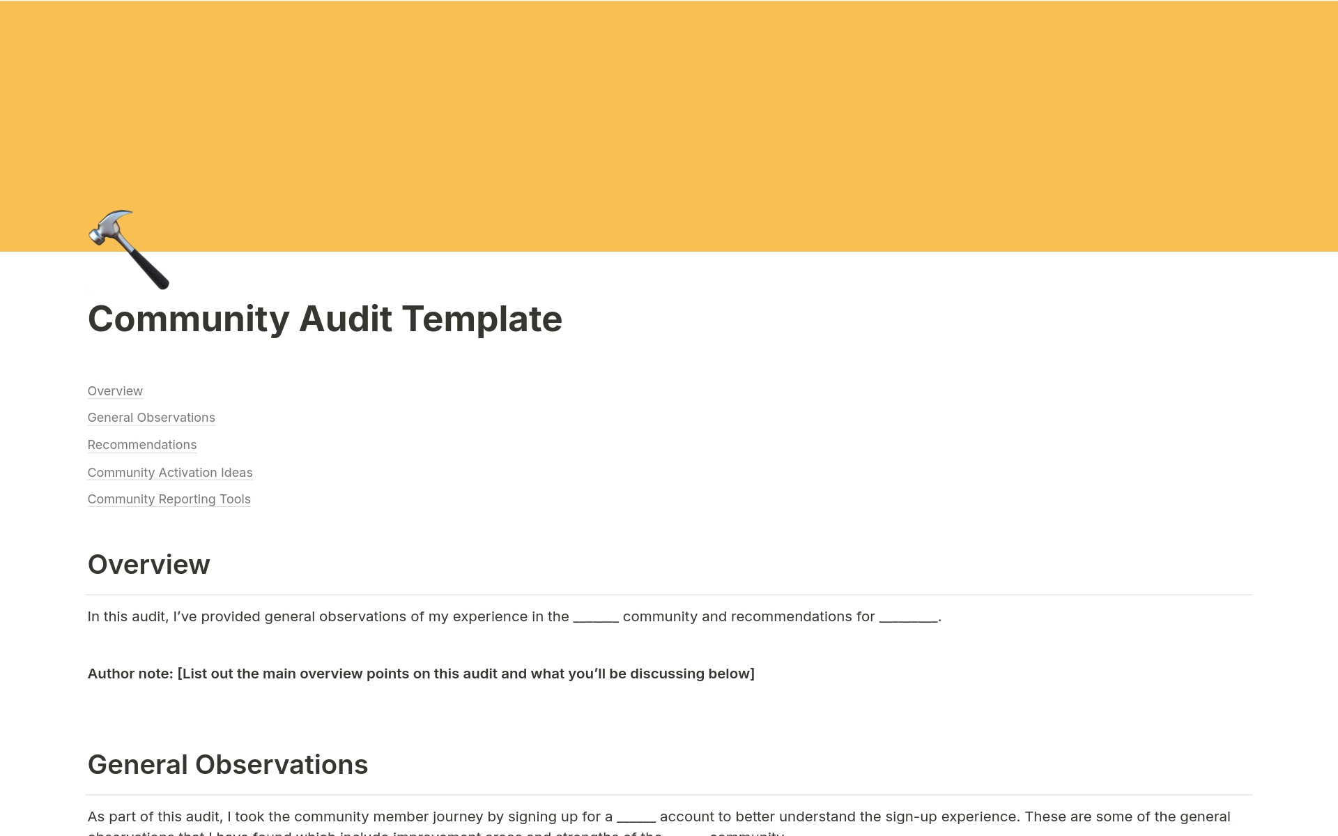 A template preview for Community Audit