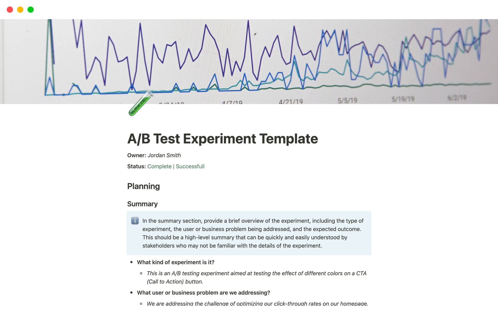 Uma prévia do modelo para A/B Test Experiment Template