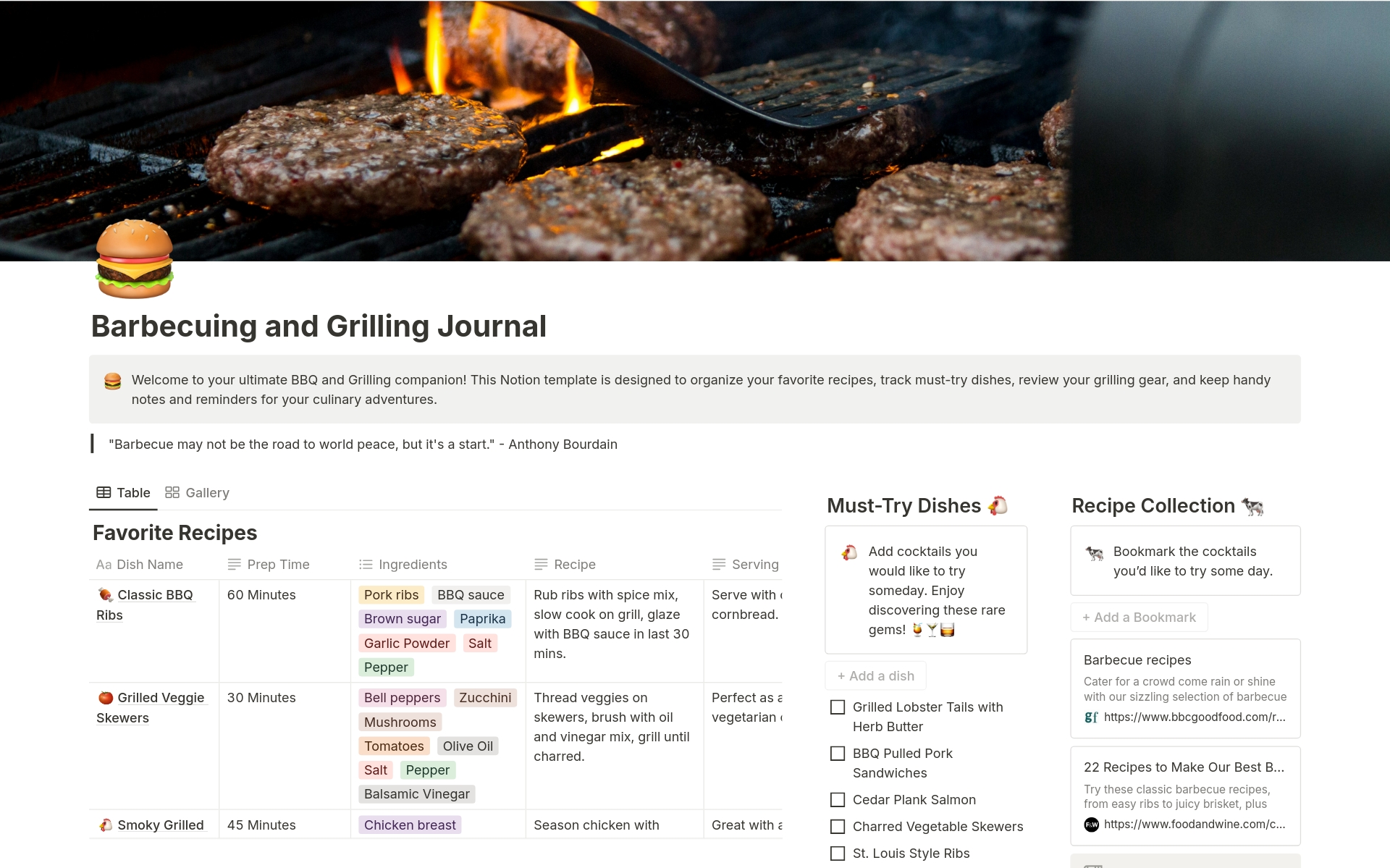 🍖 Elevate your BBQ game with the Barbecuing & Grilling Journal on Notion! Features a Favorite Recipes database, Reviews, Must-Try List, & Notes. 📊 Customize, share, & access anywhere. Perfect for every BBQ enthusiast looking to organize & enhance their culinary adventures. 🔥🥩