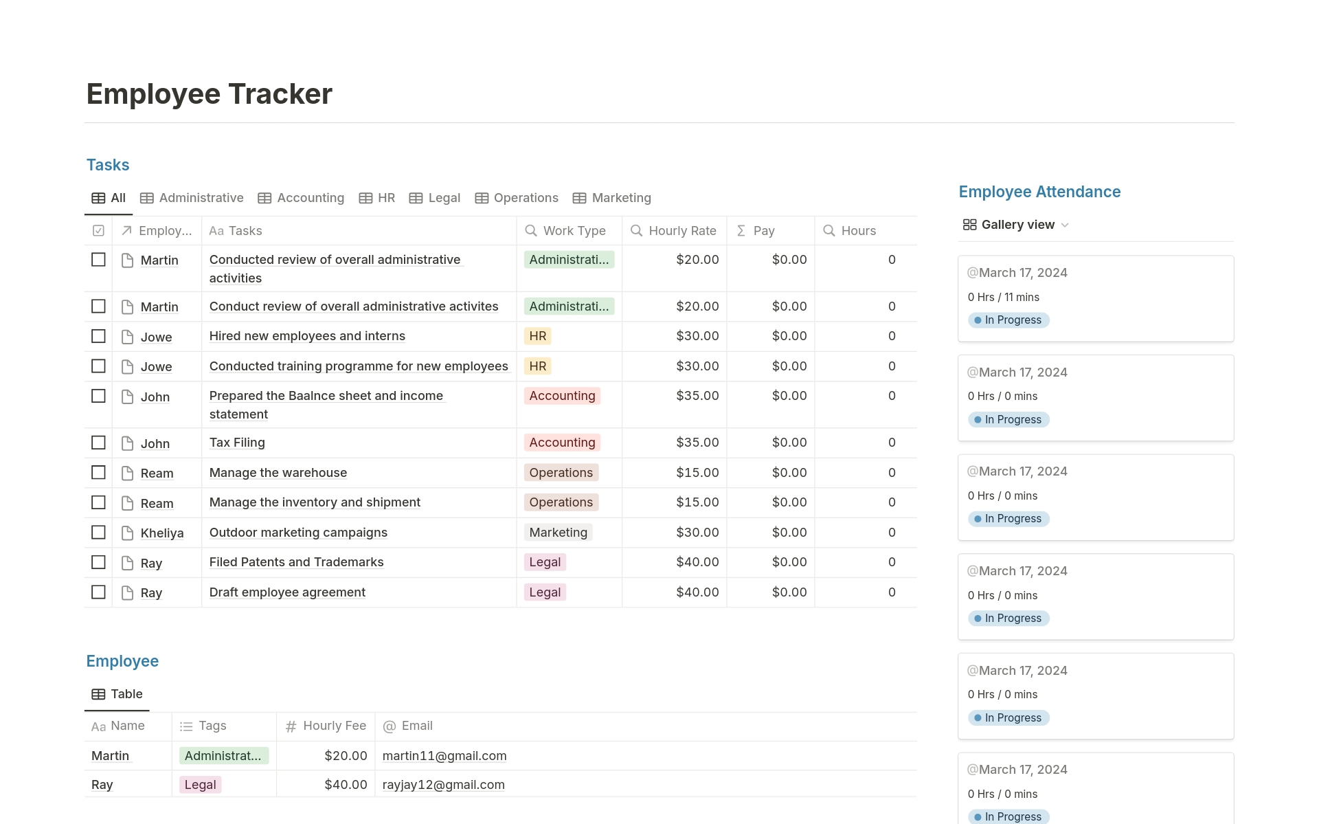 A template preview for Employee Tracker